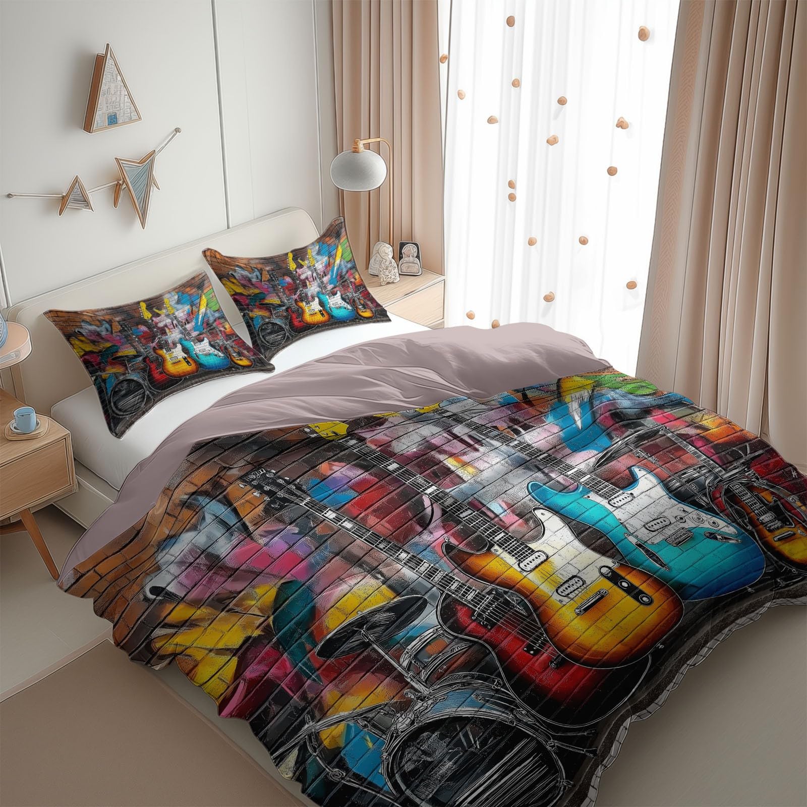 Dusty Rose California King Duvet Cover Graffiti Wall Guitar Instrument Color Cal King Bedding Set 3 Pieces, Soft and Breathable Microfiber Comforter Cover with 2 Pillow Shams, for All Season