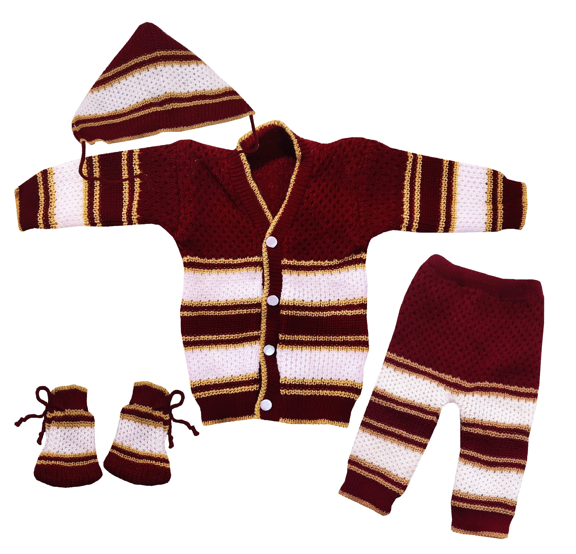little PANDA Born Baby Sweater for Baby Boys & Baby Girls Woollen Full Sleeves, V Neck Sweater Top, Bottom, Cap & Bootie