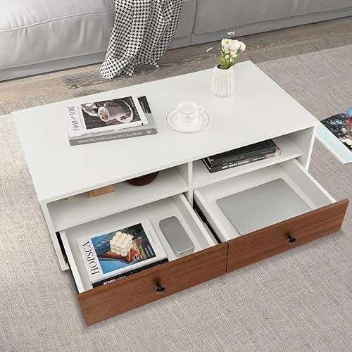 Miniatura 8 de Mesa auxiliar, mesa central moderna con cajones y estantes de almacenamiento, mesa de cóctel de madera, mesa auxiliar rectangular para sofá, muebles