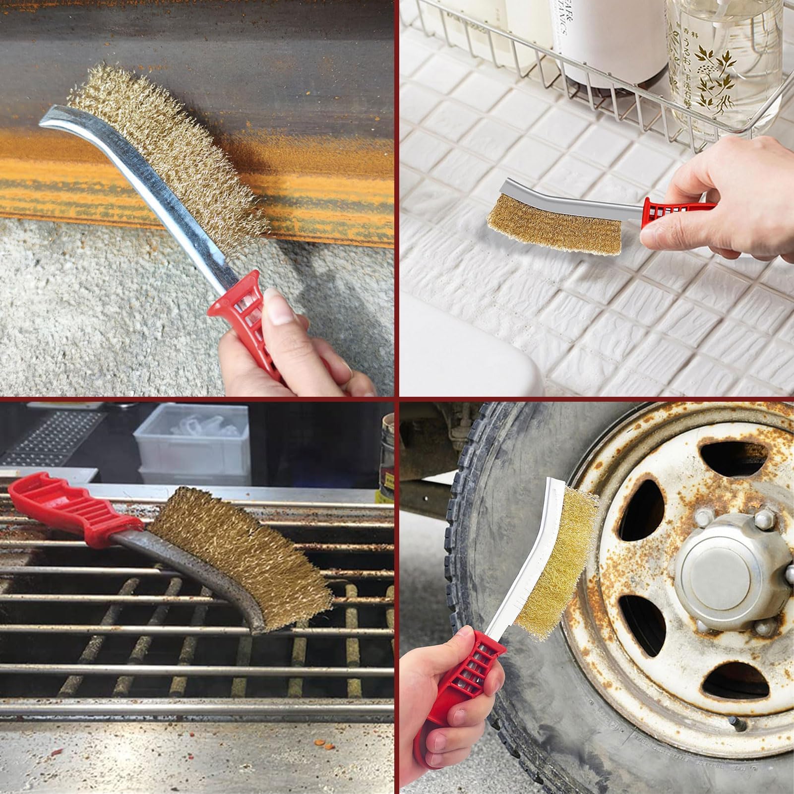 3 pezzi spazzola in ottone per barbecue, spazzola in ottone, spazzola per barbecue in ottone, spazzola in ottone per barbecue in ghisa, spazzola metallica a mano, con impugnatura in plastica curva per