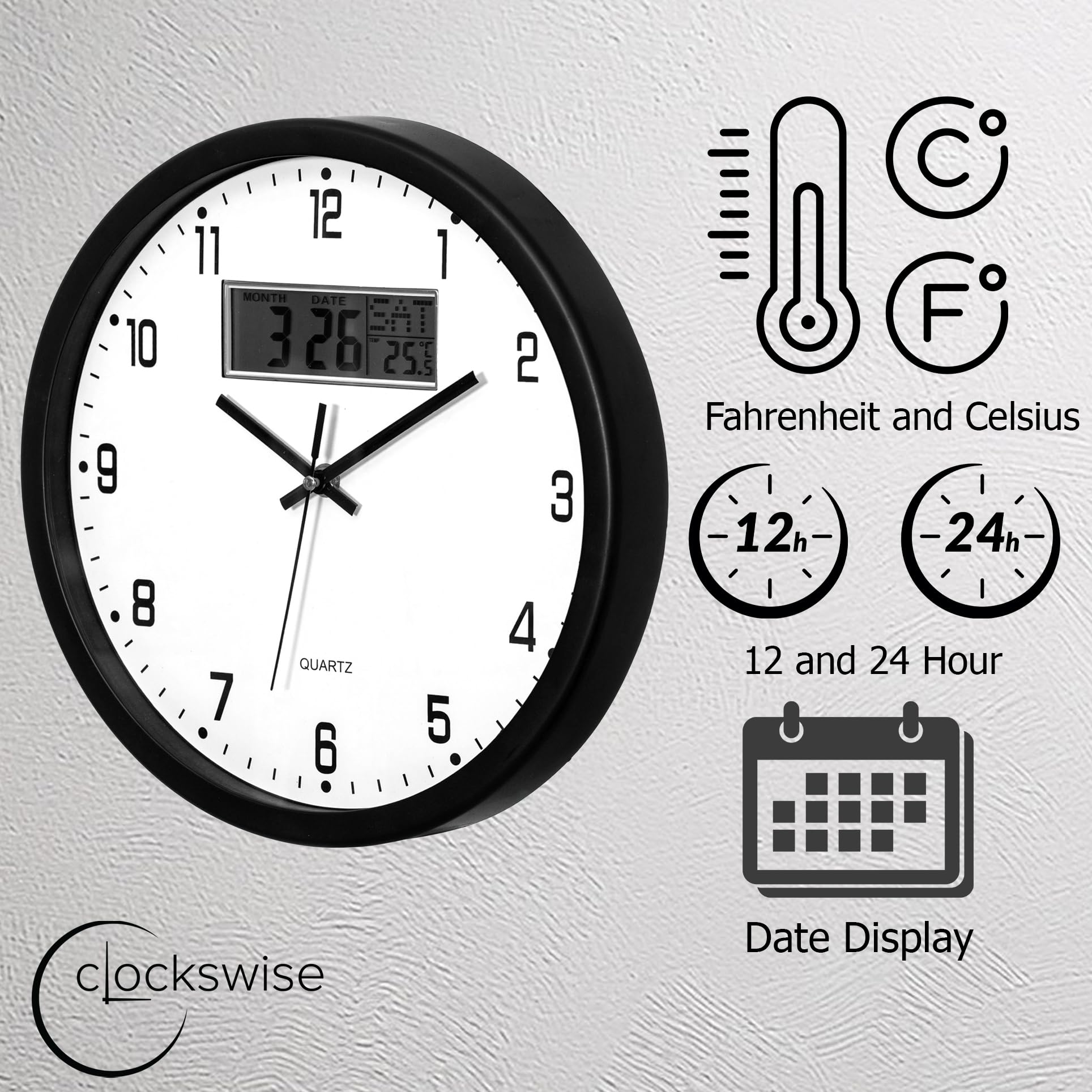 Clockswise Reloj de pared de 12 pulgadas, analógico y digital sin tictac, con pantalla de temperatura, funciona con pilas, funcionamiento silencioso, hora y fecha conmutables, perfecto para aula,