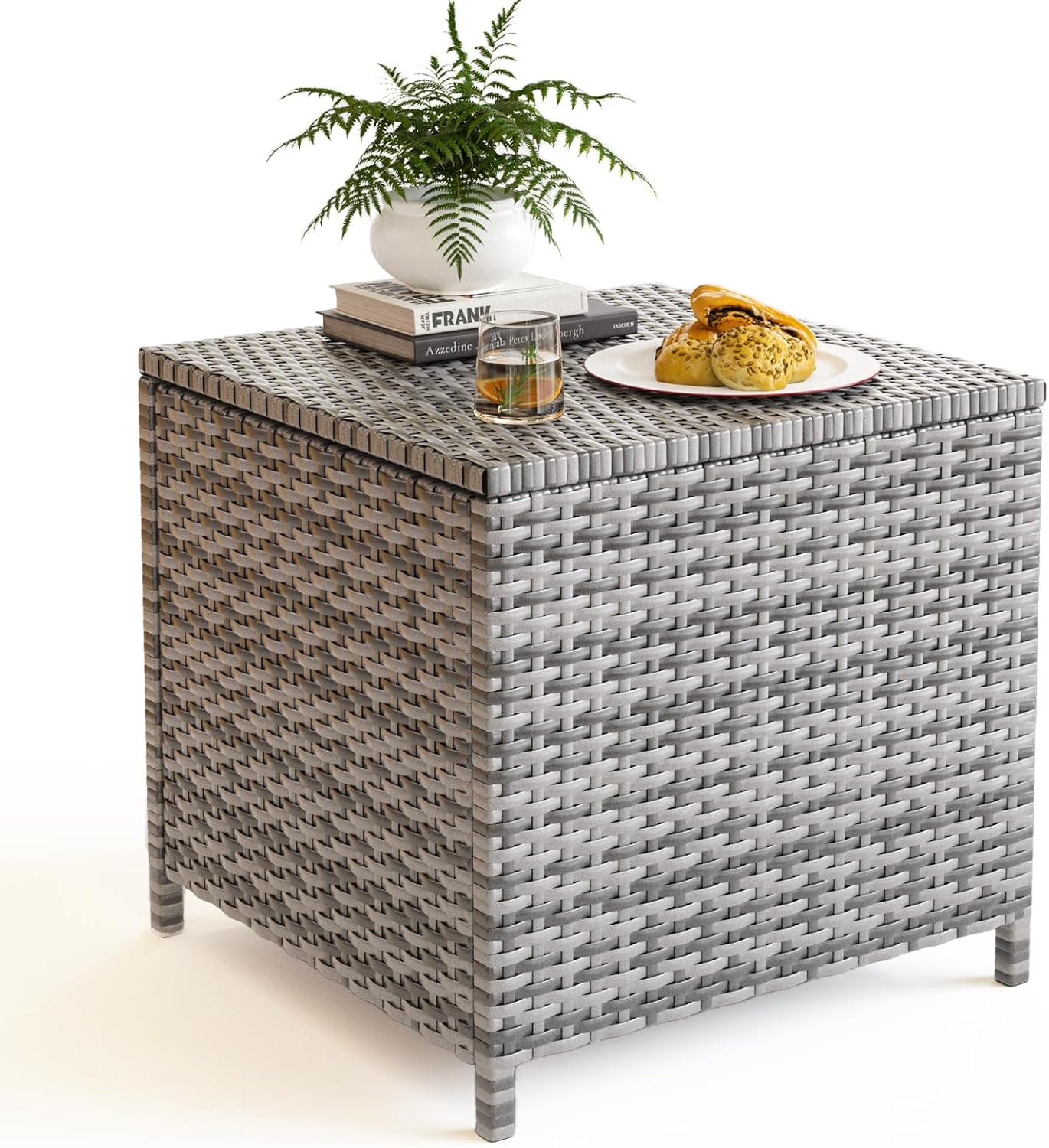 UDPATIO Outdoor Wicker Side Table with Storage Patio Rattan End Table Small Resin Square Container Coffee Table Backyard Pool for Furniture Covers, Toys and Gardening Tools (Grey)