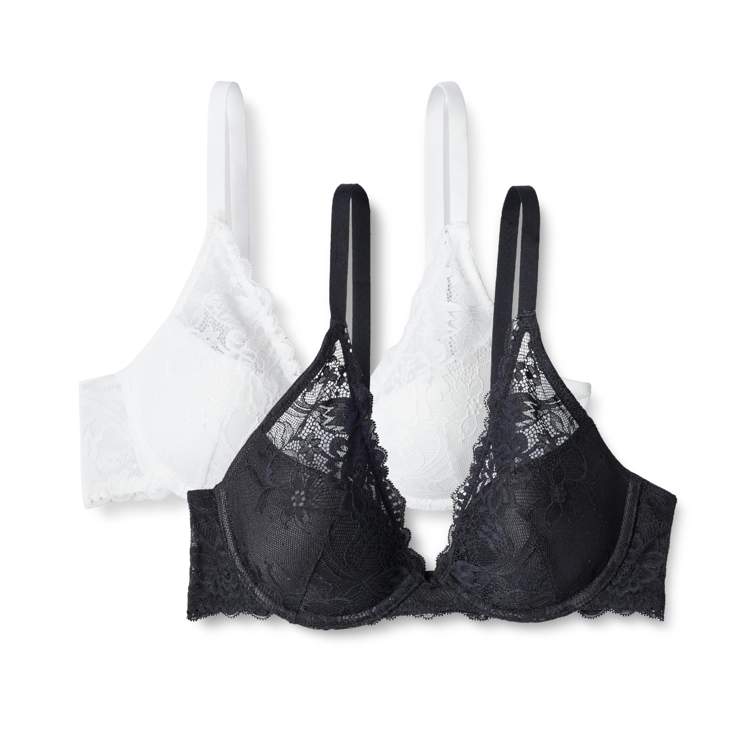 Amazon Essentials Sujetador de Escote Profundo, con Aros y Copas Acolchadas, de Encaje Elástico con Detalles Mujer, Pack de 2