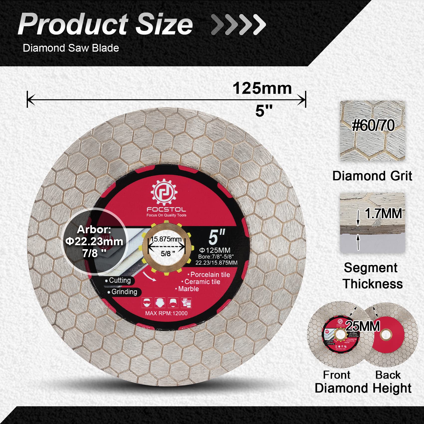 FOCSTOL Disque Diamant Carrelage 125mm - Double Face Coupe Meulage Lame Scie Diamant pour Porcelaine Céramique Marbre Granit Pierre Artificielle Quartz Conception Hexagonale