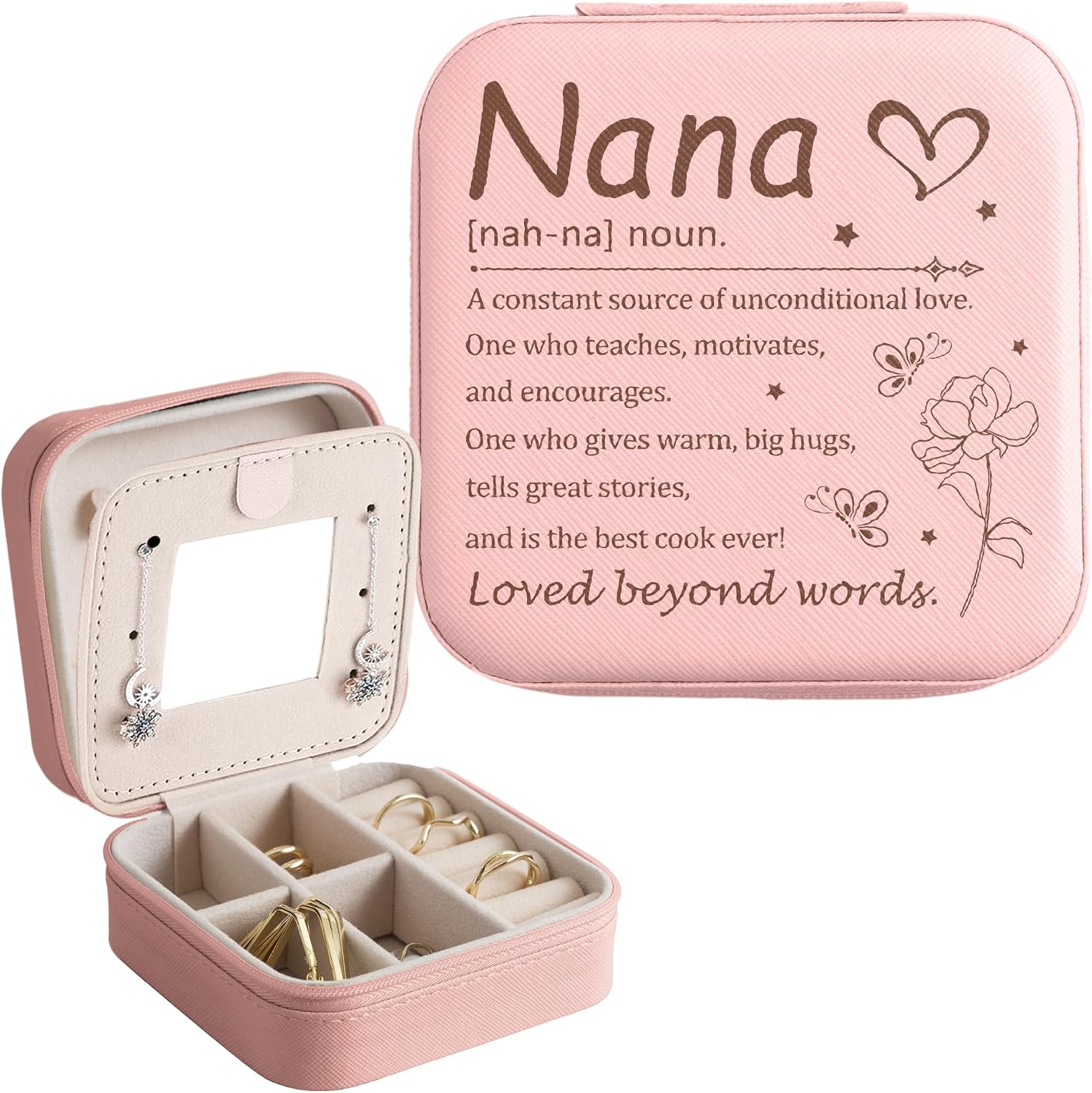Nana Travel Jewelry Case, Pink Portable Leather Organizer with Mirror, Mothers Day Gift for Nana Grandma