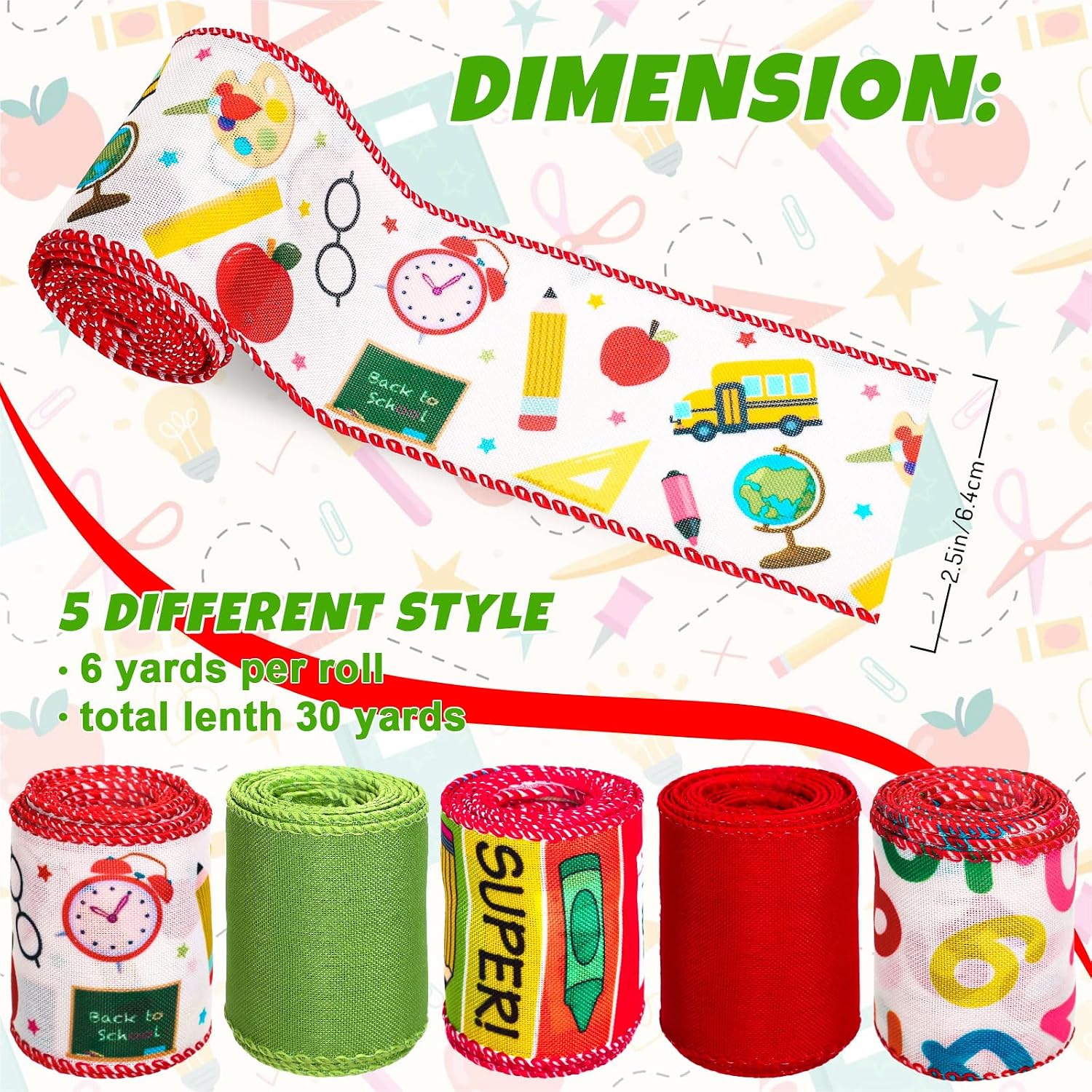 FYSUIMU Back to School Wired Edge Ribbons 2.5 Inch Welcome School Themed Craft Ribbon Colorful Cartoon Fabric Wrapping Ribbon for Bow Wreath Party Home Decor, 5 Rolls, 30 Yard image 2
