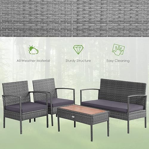 Miniatura 8 de Tangkula Patiojoy - Juego de 8 conversaciones de ratán para patio con cojines de asiento, marco de acero resistente, mesa de madera de acacia,