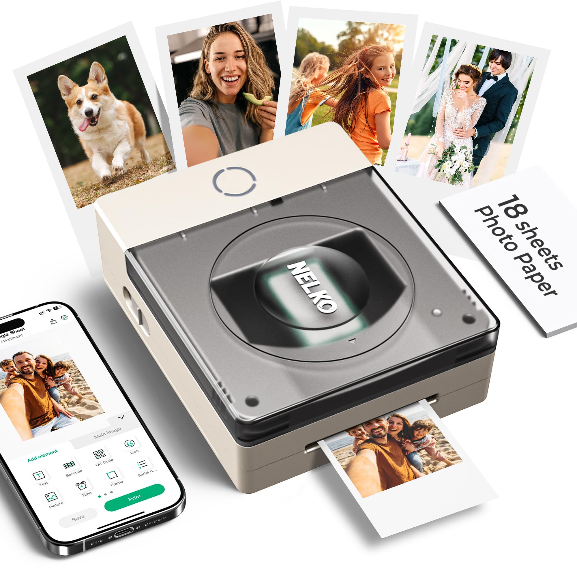 Nelko Stampante Portatile PP02 4-in-1 2x3, Getto d'Inchiostro per Adesive, Magnetiche, Transfert Acqua & Termico, Bluetooth, Modifica App, Avorio