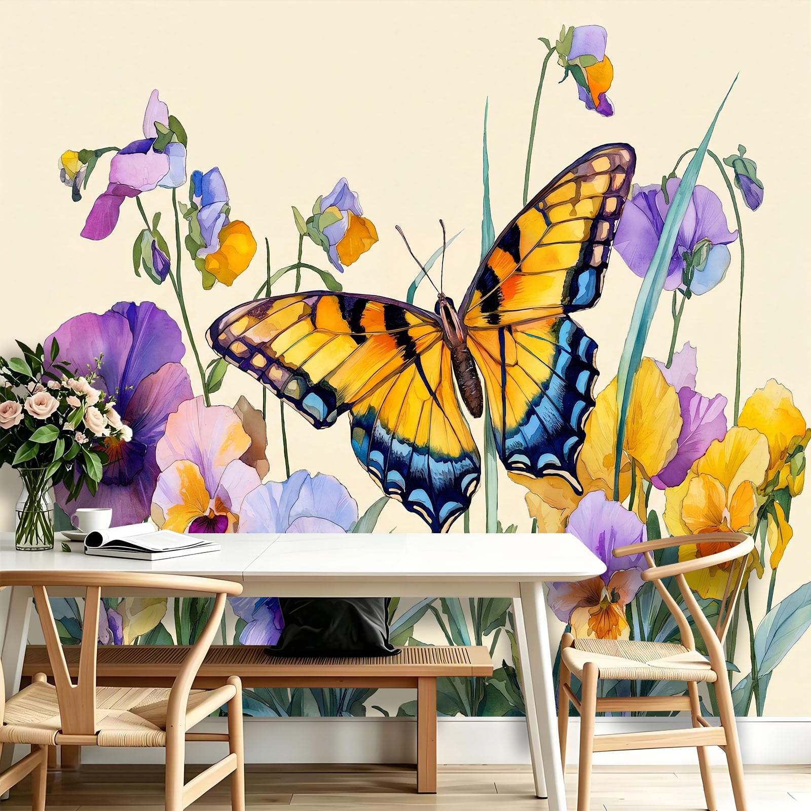 Motyl kwiatowe liście mural tapeta 200 x 140 cm (szer. x wys.), dekoracja ścienna, akwarela, estetyczny design, dla nastolatków, dzieci, sypialni, pokoju zabaw, dekoracja domu, tapeta
