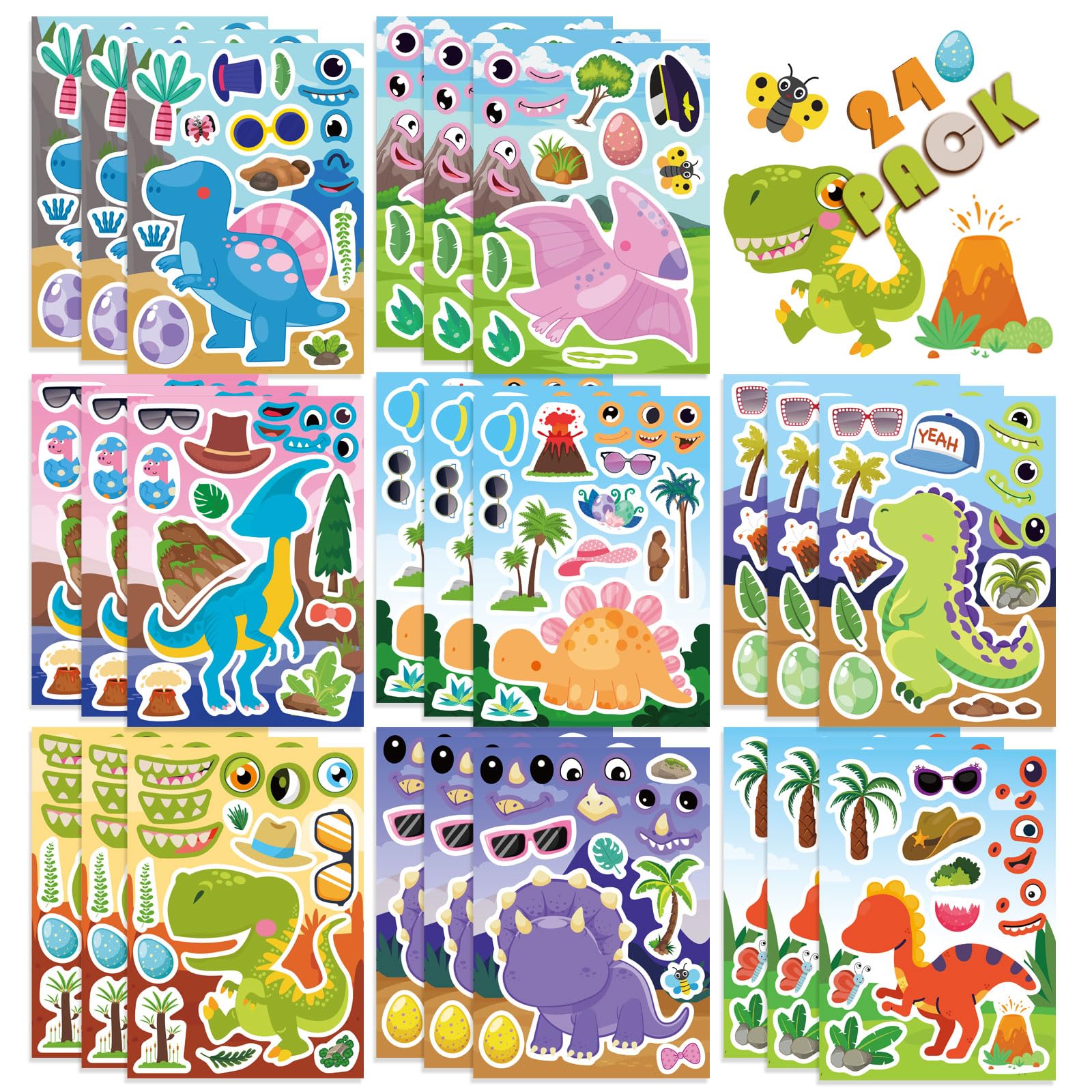 24 Sheets Dinosaur Stickers, Make Your Own Dino Stickers for Kids Boys Girls Toddlers, Make a Face Stickers Dinosaur Theme Birthday Party Favor