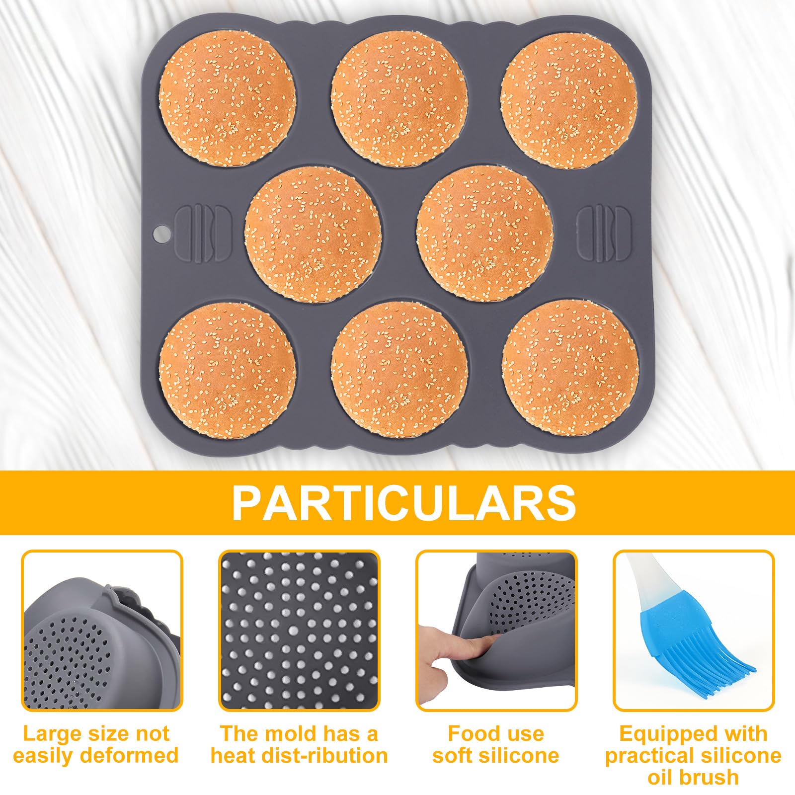 Lot de 8 moules à chignon en silicone pour hamburger - Pliable - Antiadhésif - Avec brosse à huile - Réutilisable