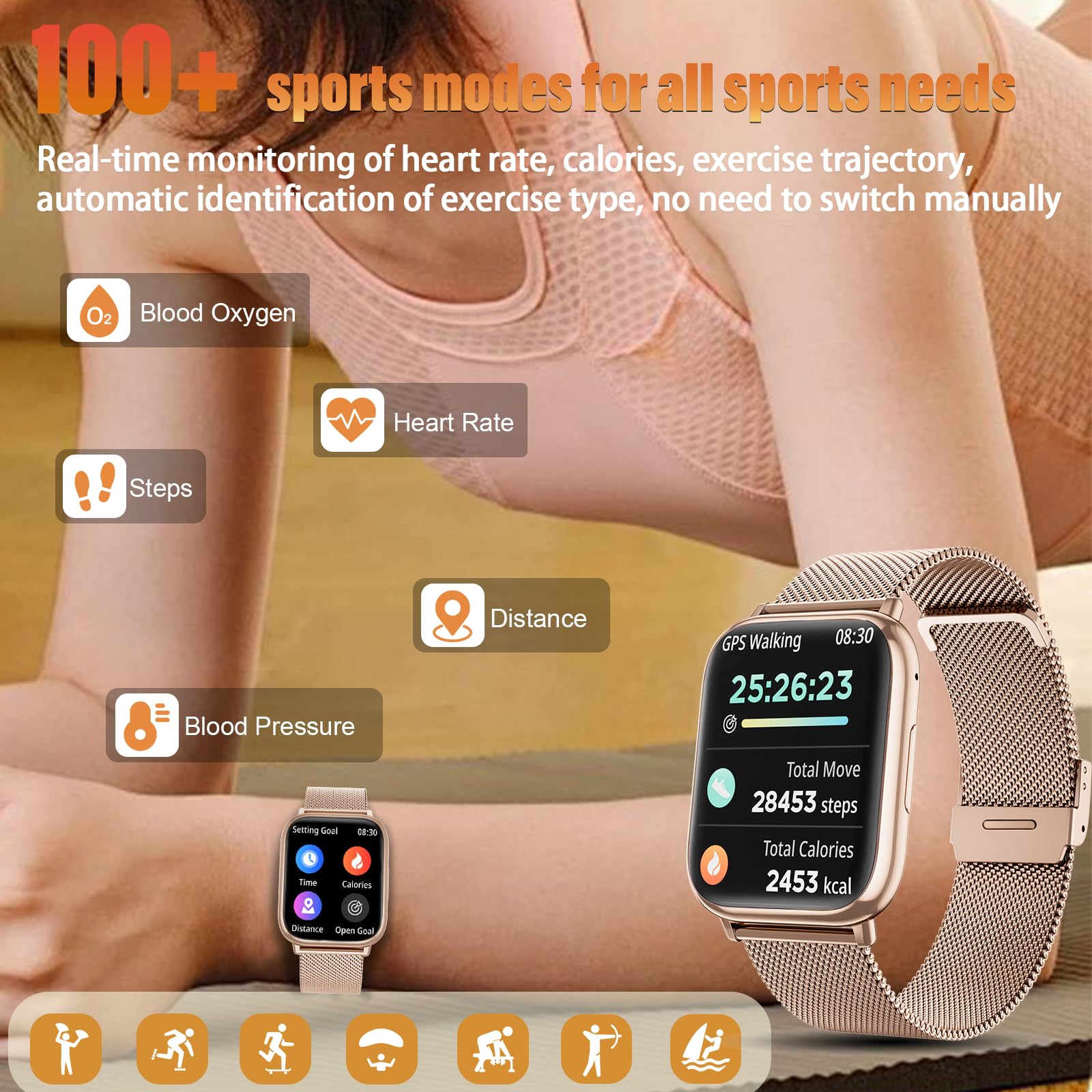 SLOKSFil Smartwatch Damen mit Telefonfunktion, 3 Armbänder 1.83" HD Fitness Tracker mit 24H Pulsmesser SpO2 Schlafmonitor 120+ Sportmodi IP68 Schrittzähler Smart Watch für iOS Android Roségold
