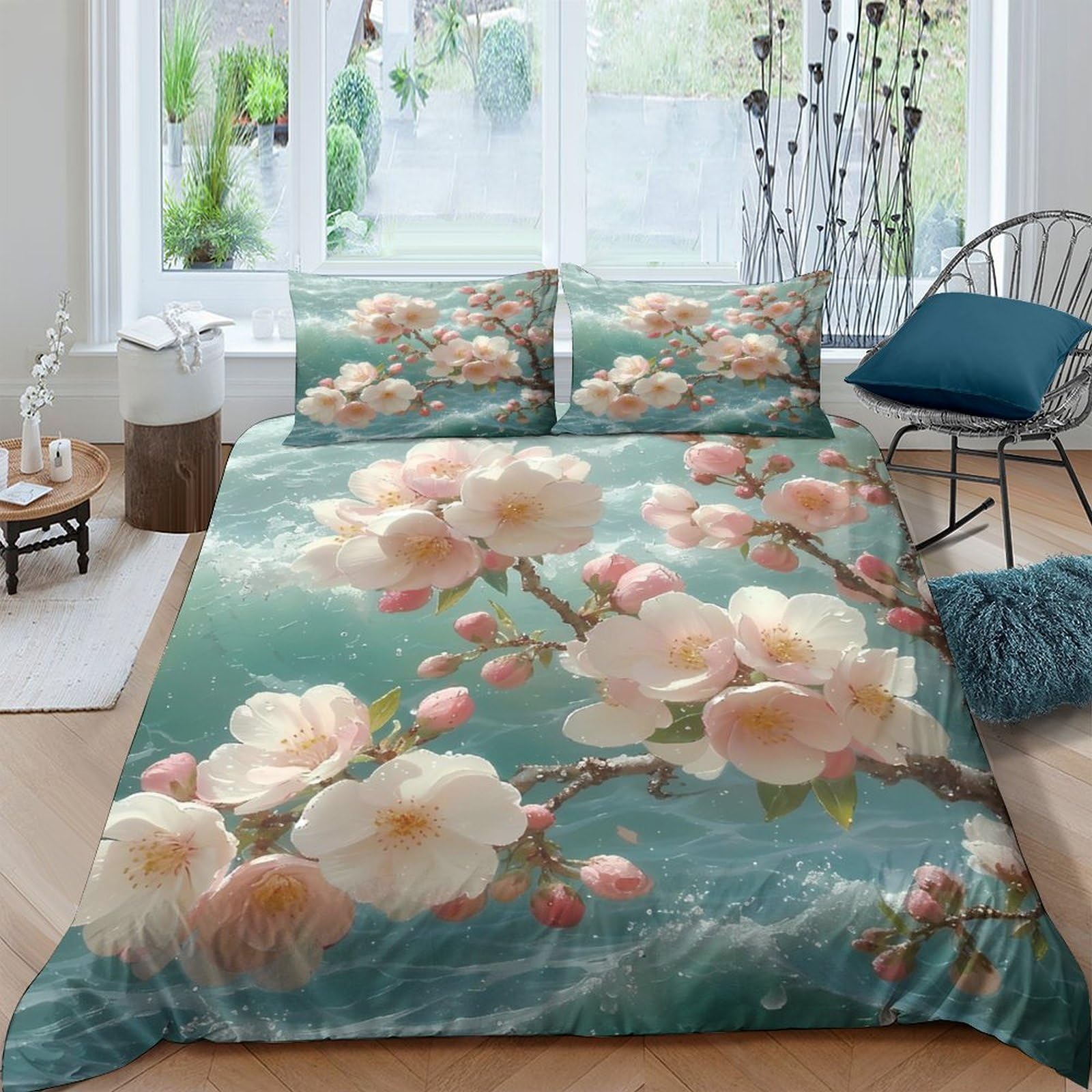 Ctjqhvkz Style-9 3D Printed Blossom Garden Fitted Sheet Microfiber Anti-Slip Peach Floral Mattress Cover For Bedroom Home Decor Single（135X200cm）