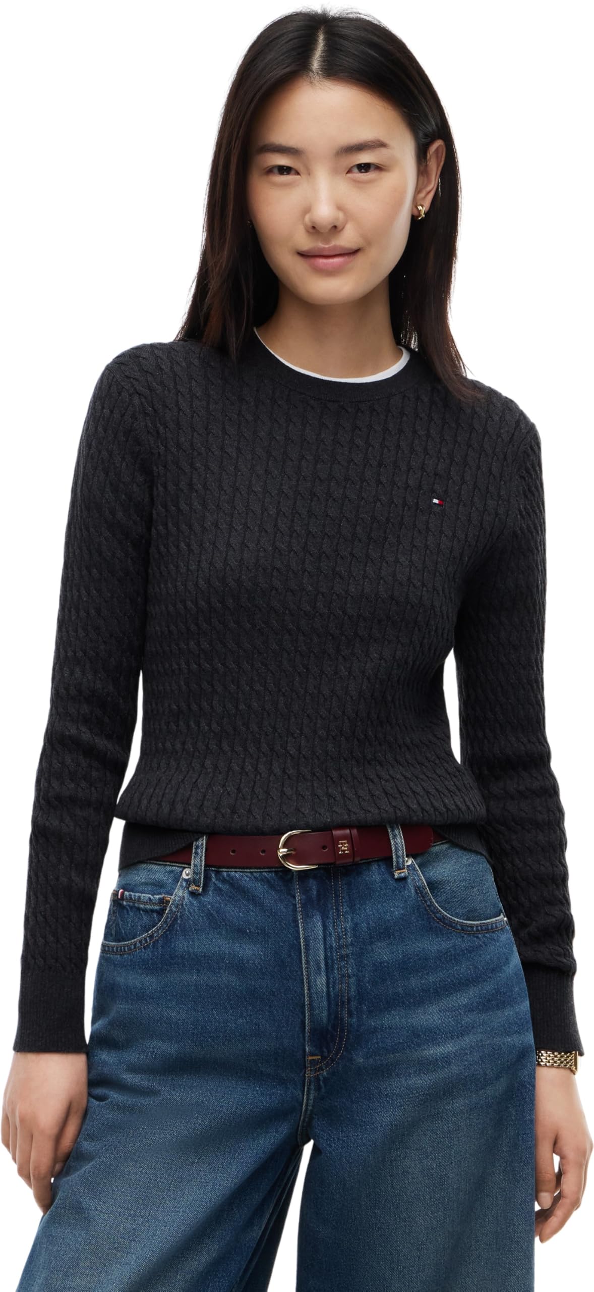 Tommy Hilfiger Damen Co Cable C-nk Ls Sweater Ww0ww44993 Pullover Sweater, Dark Grey Heather, M