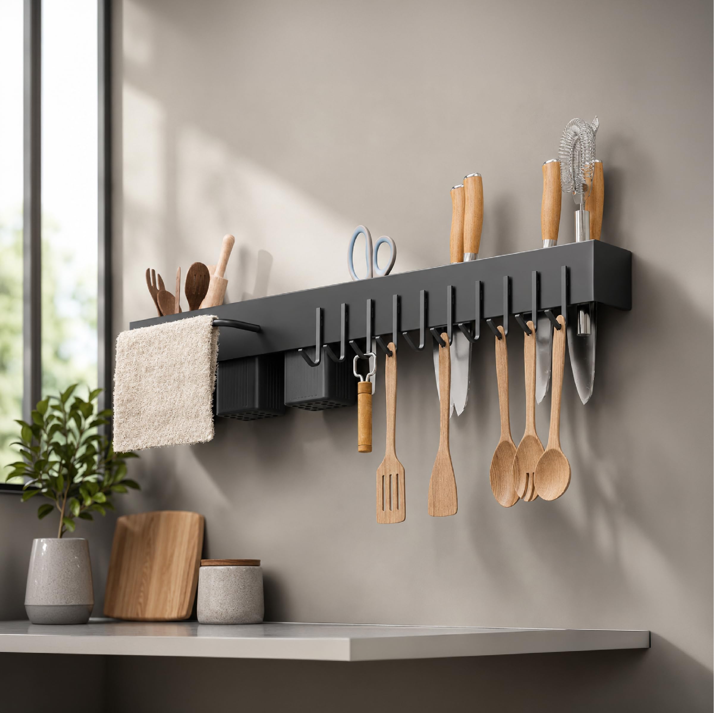 Lifelong Carbon Steel Multifunctional Wall-Mounted Kitchen Storage Organizer Rack, Utensil Hooks &amp; Holder LLHIDD02