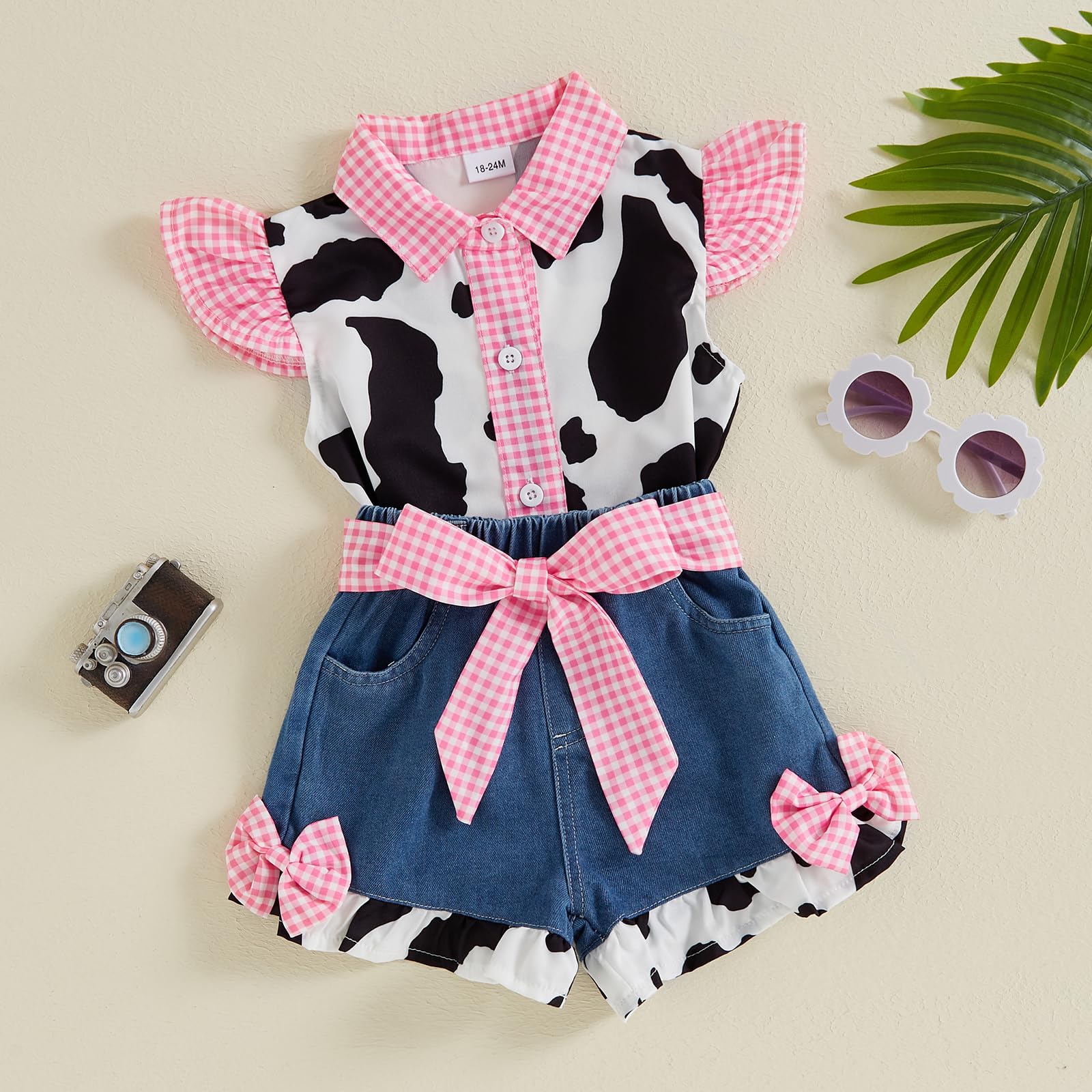 Western Baby Mädchen Denim Outfits Kuhdruck Rüschen Ärmel Knopfleiste Tops mit Schleife Weites Bein Jeans Shorts Set