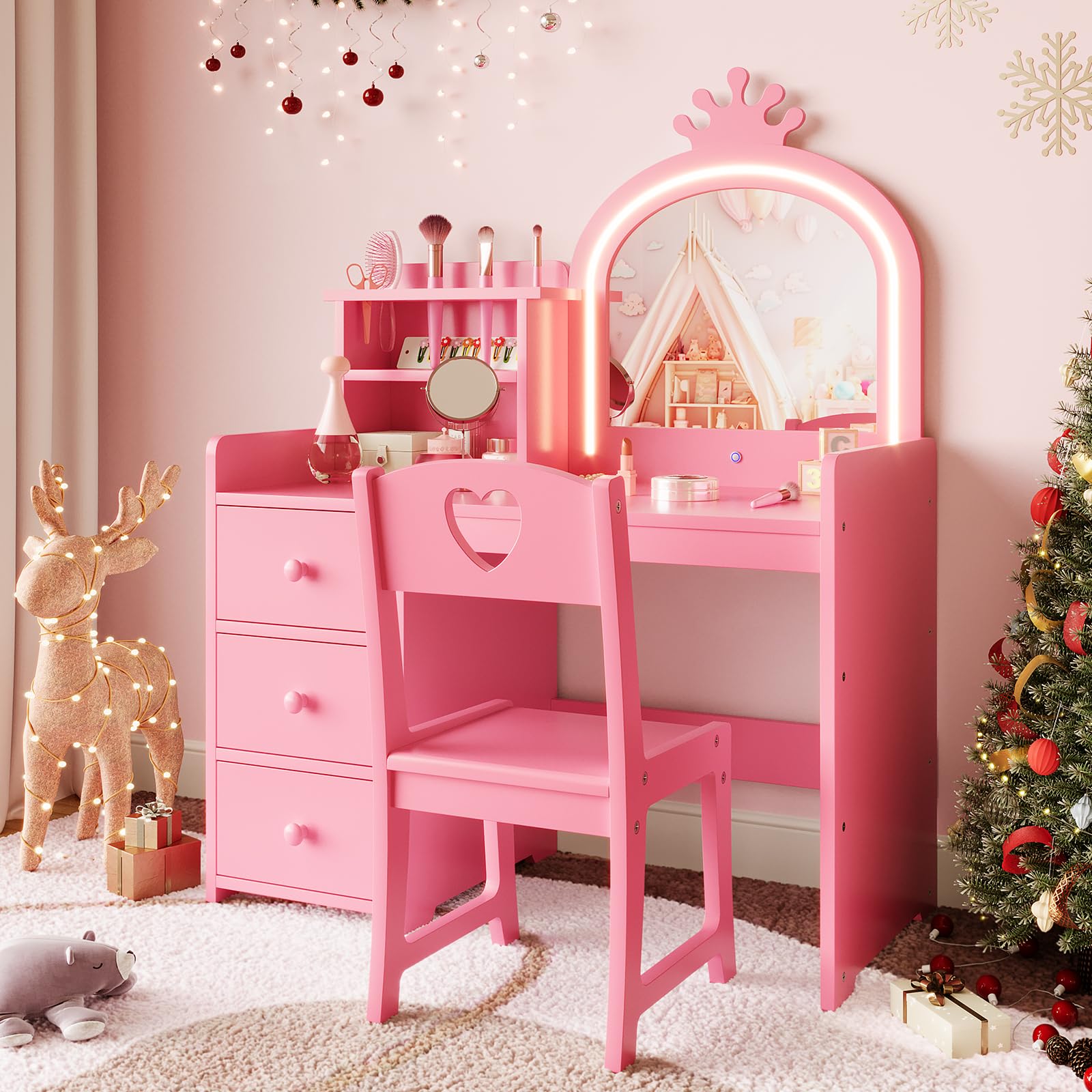 Garvee Kinder Schminktisch mit Stuhl & Spiegel, 3-Farben LED Beleuchtung & Touch-Sensor, Frisiertisch mit 3 Schubladen, 2-in-1 Schreibtisch, Kosmetiktisch Mädchen Krone Holz, Rosa