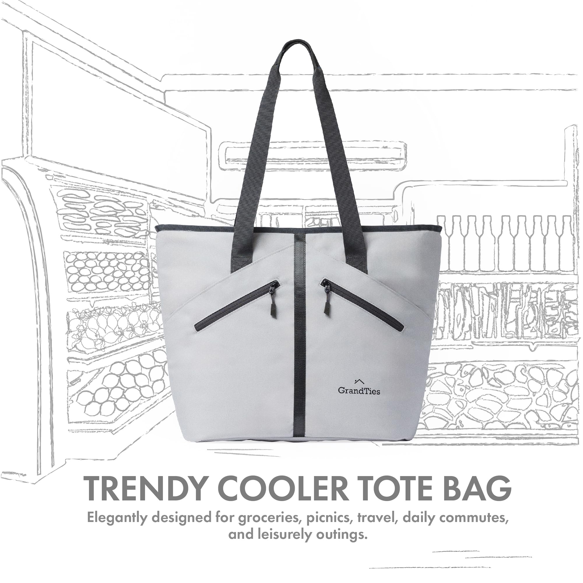 GRANDTIES Insulated Cooler Tote Bag 30 Can Large Capacity Durable Zipper Leakproof Outshell for Grocery Lunch Picnic Travel (Gray)