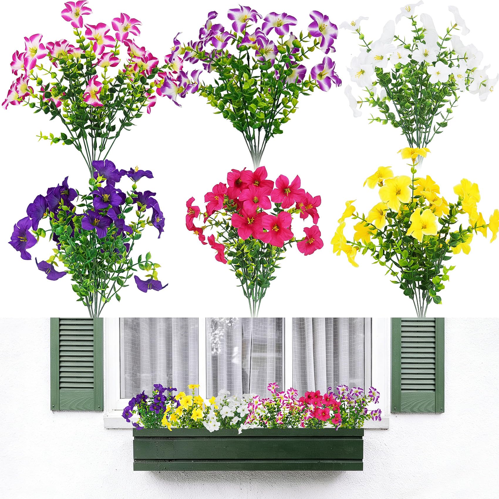 ADORAMOUR 6Pcs Decorative Artificial Flowers, 6 Assorted Colours Petunia, UV Resistant Fake Flora for Outdoor and Indoor, Plastic Faux Flower Bouquet for Garden Patio Window Box Porch Home Decor