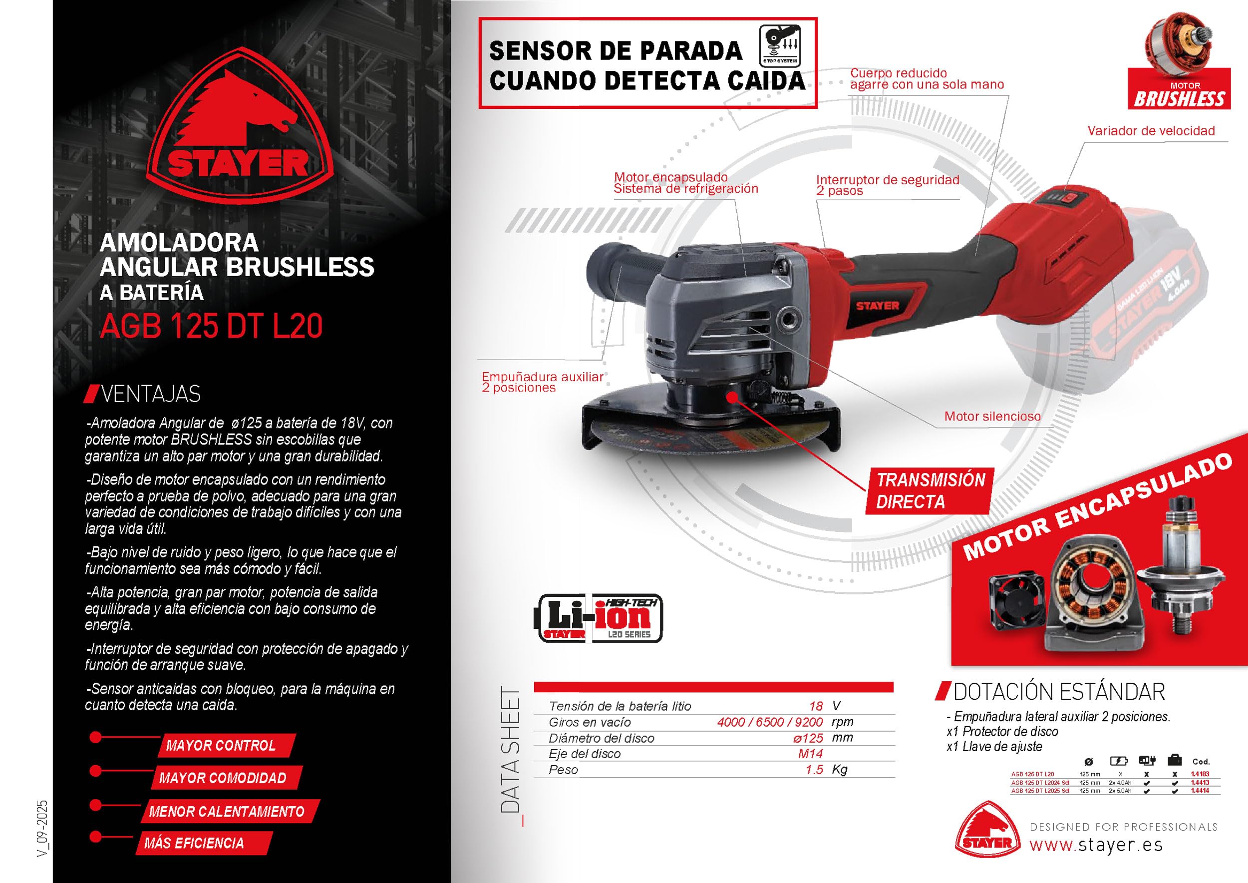 Amoladora Angular de ø125mm. 18V. Con motor BRUSHLESS. AGB 125 DT L20