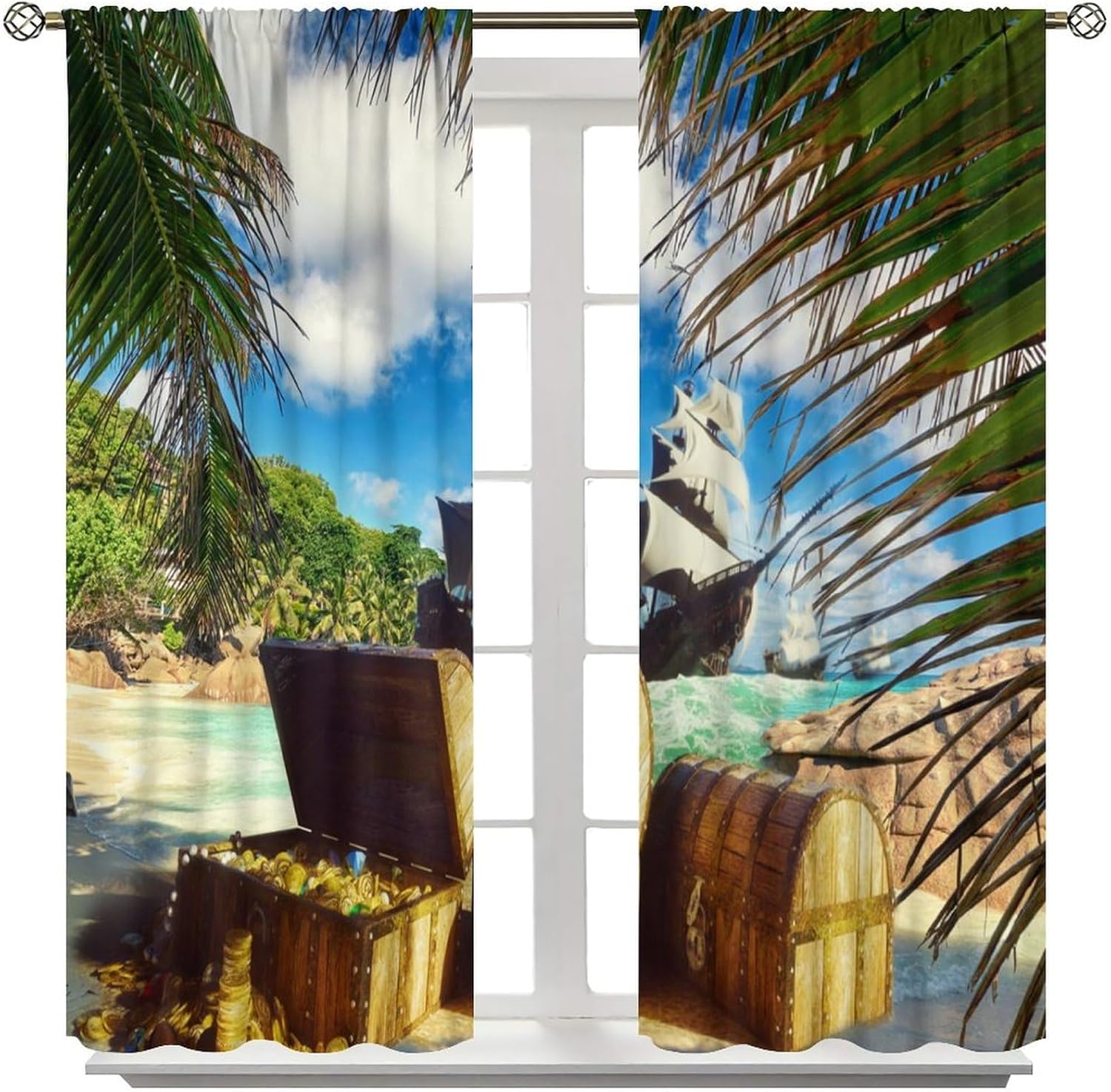 Brebasf Watercolor Pirate Ship Treasure Blackout Rod Pocket Curtains,Rustic Tropical Beach Coastal Palm Leaf Nautical Sailing Ship Thermal Insulation Room Darkening Window Drapes 2 Panels 84"L x 42"W