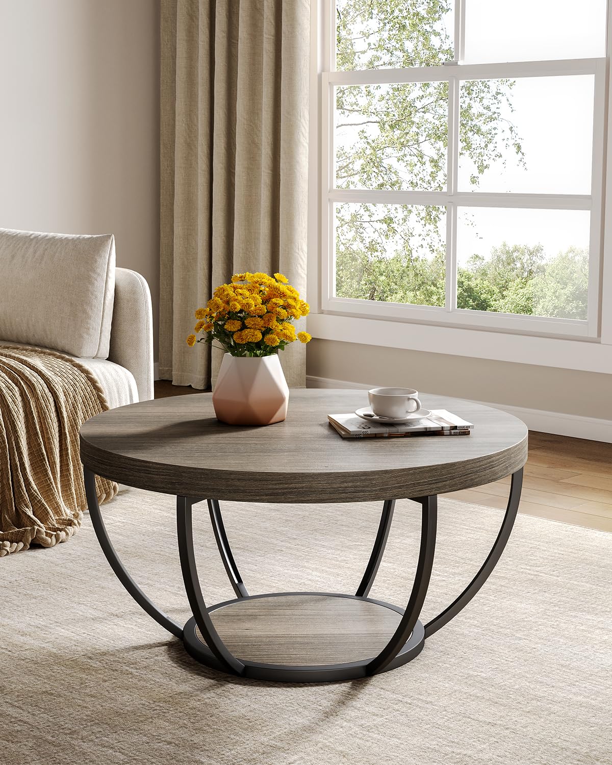 Condition photo showing As Is for little tree round coffee table, 32" circle coffee tables for living room | 2-tier wood accent center table with open storage industrial design home furniture (grey and black)