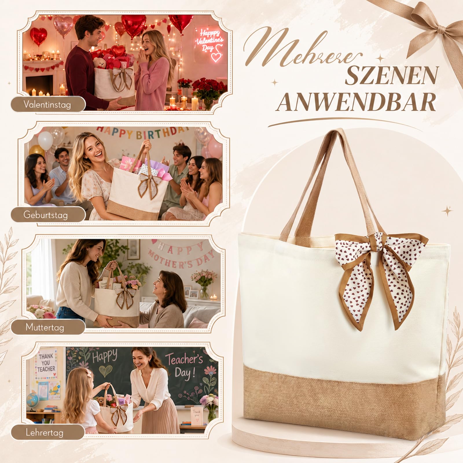 Xuniea 4 Set Borsa in Juta Borse Tote con Fiocco per Matrimonio Regalo per Damigella d'Onore in Cotone e Juta per Sposa, Team della Sposa, Addio al Nubilato
