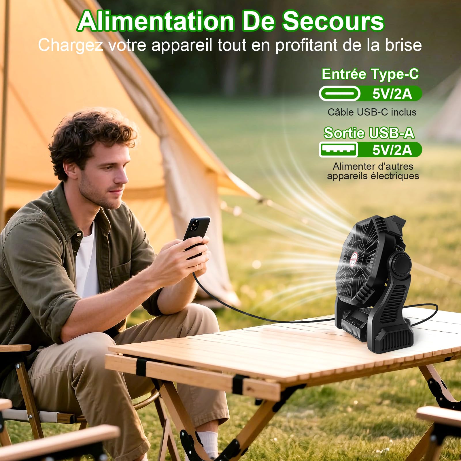 Ventilateur de Camping, Ventilateur Portable Rechargeable 10000mAh 4 Vitesses, Ventilateur USB Silencieux avec Lumière LED, pour Maison Camping