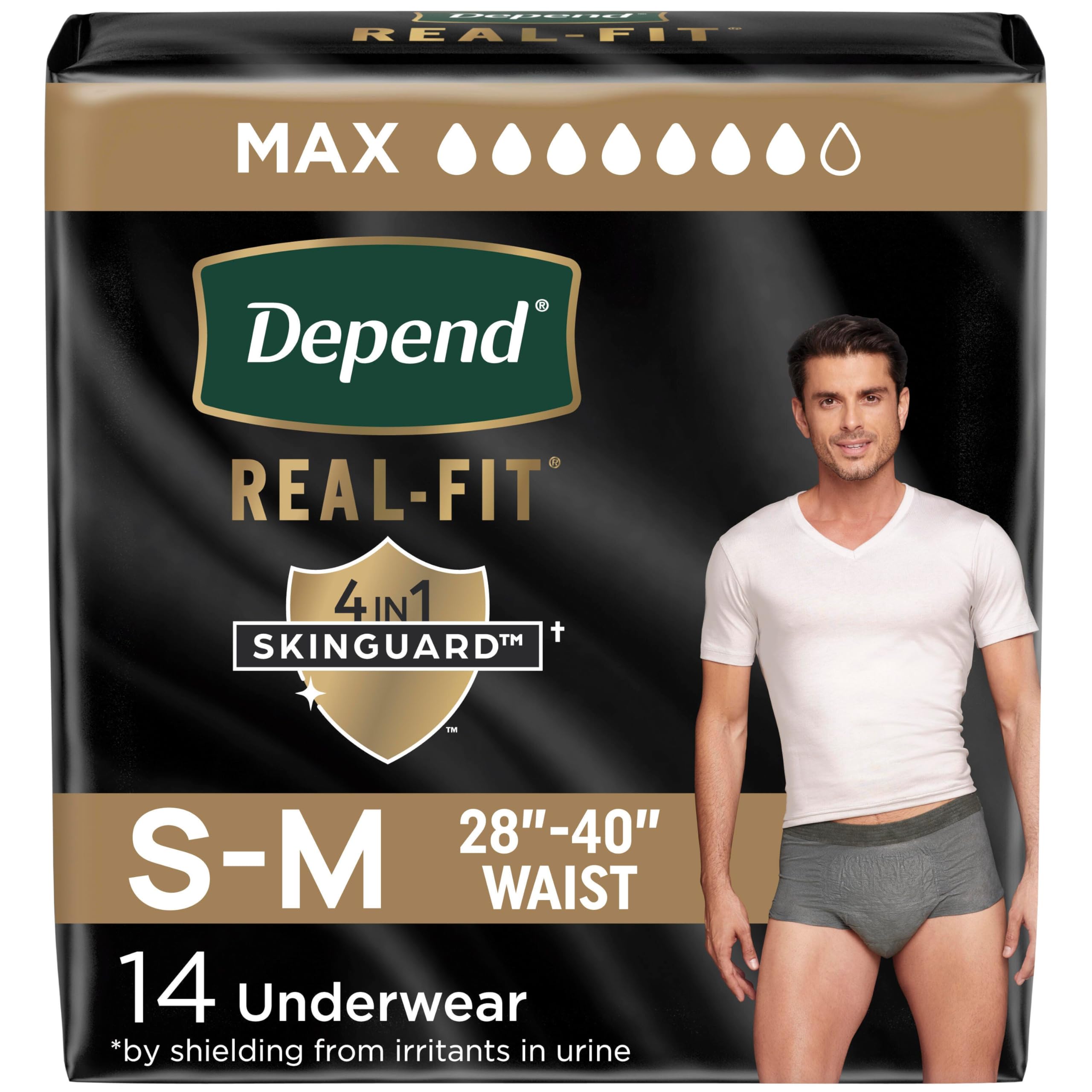 Depend Real Fit Incontinence Underwear for Men, Disposable, Maximum Absorbency, Small/Medium, Black and Grey, 14 Count (Packaging May Vary)