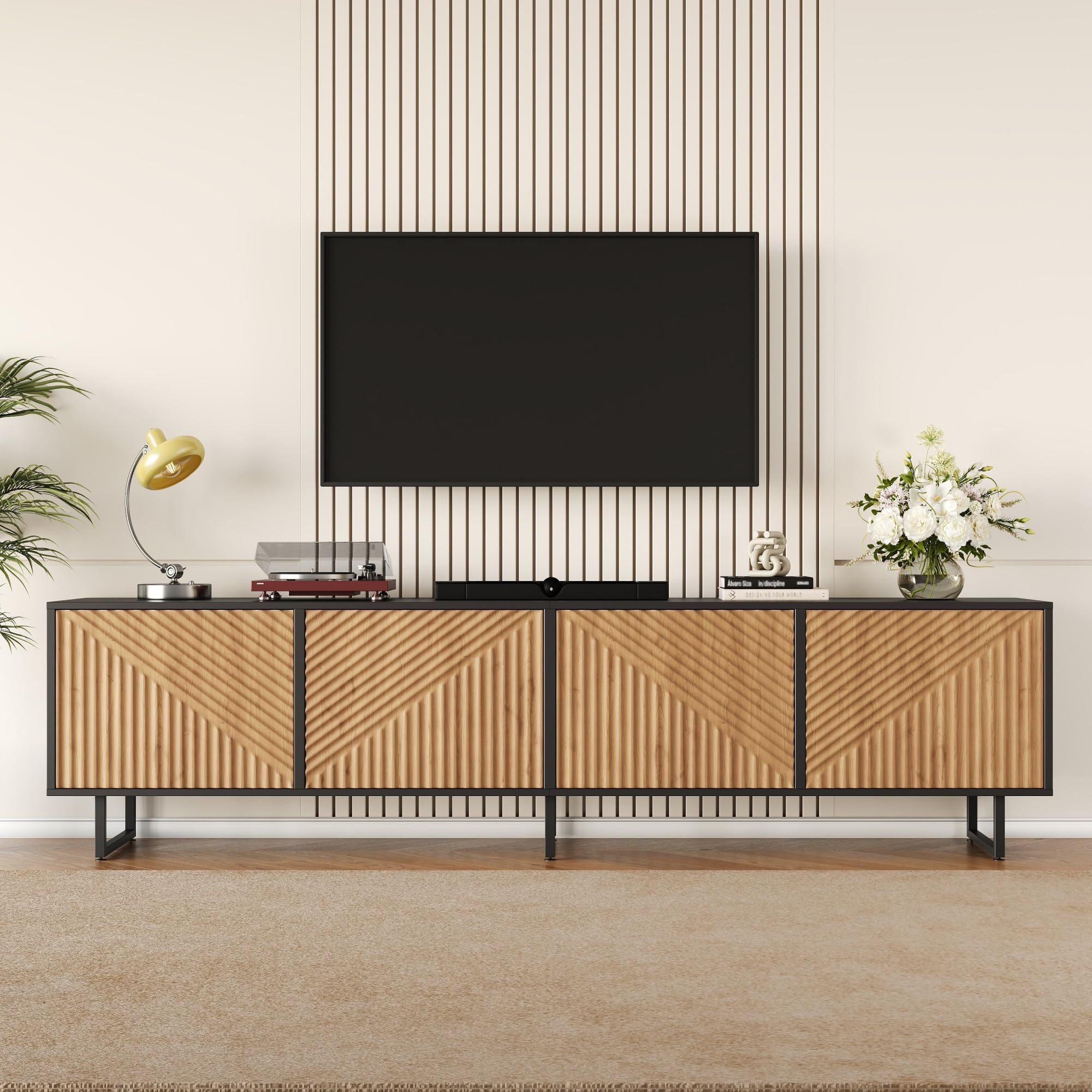 FammyLoft 180cm TV Unit for TVs up to 75 Inch, Modern TV Cabinet with 4 Storage Cabinets, Industrial Black and Wood TV Stand, Lowboard with Cable Management for Living Room Bedroom