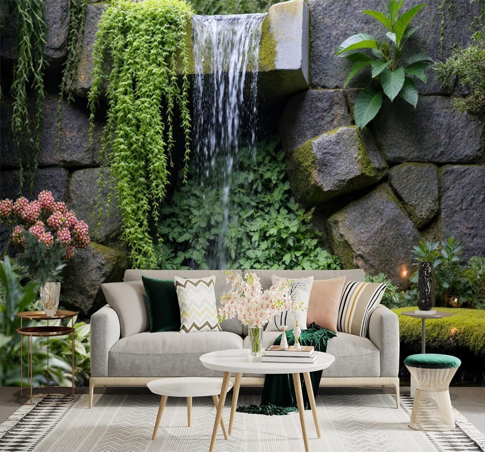 XLMING Stone Wall Waterfall Greenery Moss Garden 3D Wallpaper Premium Textured Silk Study Dining Living Room Bedroom Sofa TV Wall Easy Install-300cm×210cm