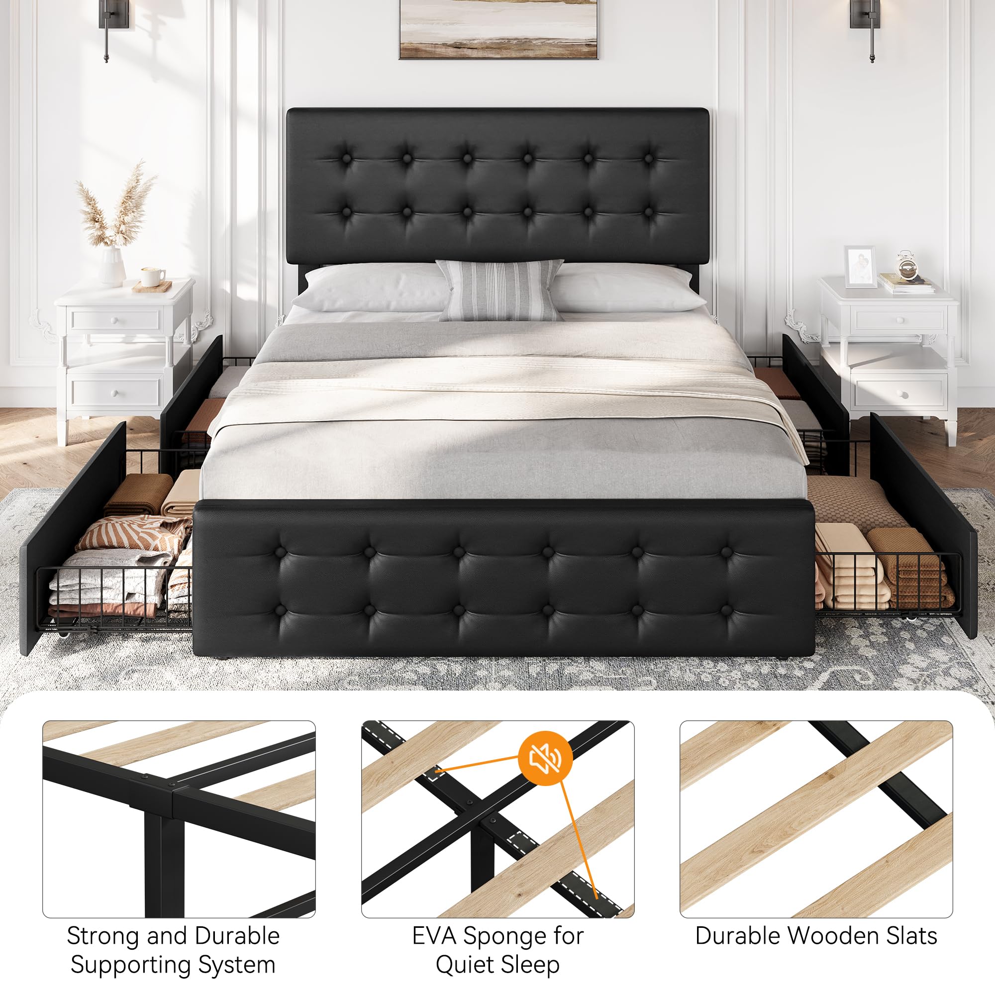 GAOMON Full Size Bed Frame with 4 Storage Drawers and Headboard, Faux ...