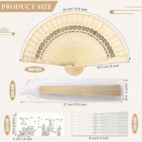 Miniatura 2 de Marsui 100 abanicos de mano plegables de madera a granel de sándalo hueco tallado con tarjetas de agradecimiento, borlas y bolsas de regalo para