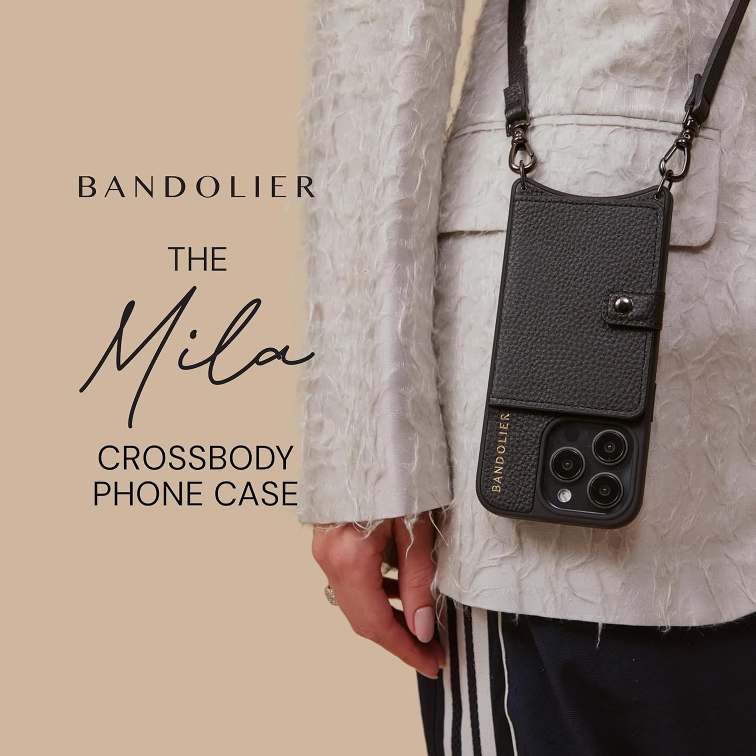 Bandolier Mila Crossbody Wallet Phone Case [MagSafe Compatible] for iPhone 16 Pro Max. 100% Genuine Pebble Leather. Adjustable & Removable Strap. Black with Pewter Hardware - Image 5