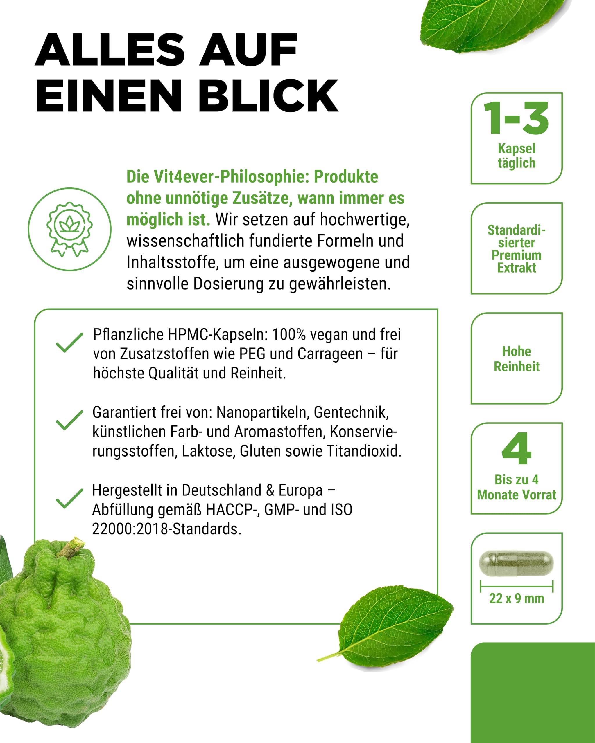 Citrus Bergamot - 120 Kapseln hochdosiert mit je 750 mg Extrakt - Premium: 30% Polyphenole - Kreuzung aus Zitronatzitrone & Bitterorange - Vegan, ohne unnötige Zusätze