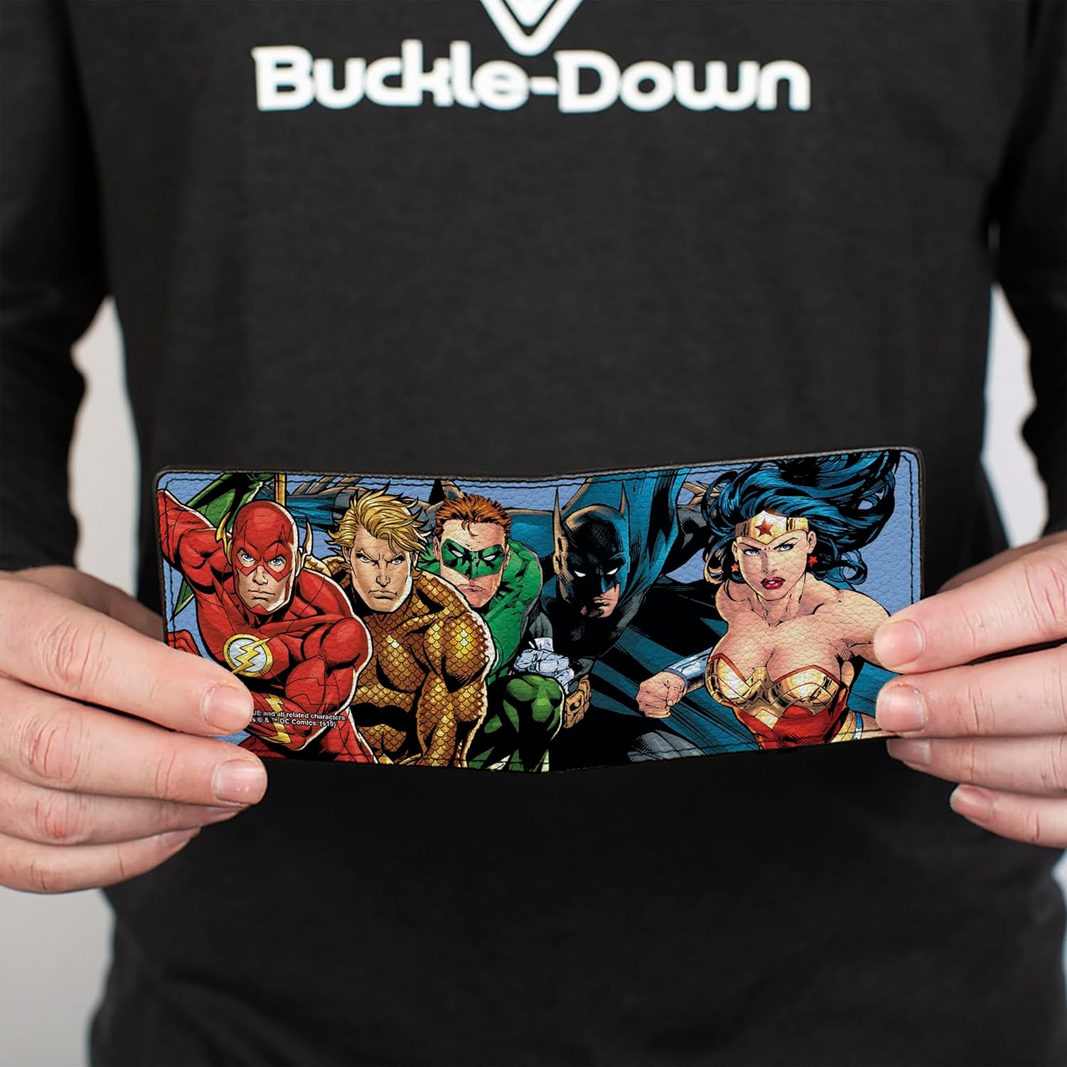 Buckle-Down Men's DC Comics Wallet, Bifold, Justice League New 52 Superhero Group Action Poses Sky Blue, Vegan Leather, 4.0" x 3.5" - Image 4