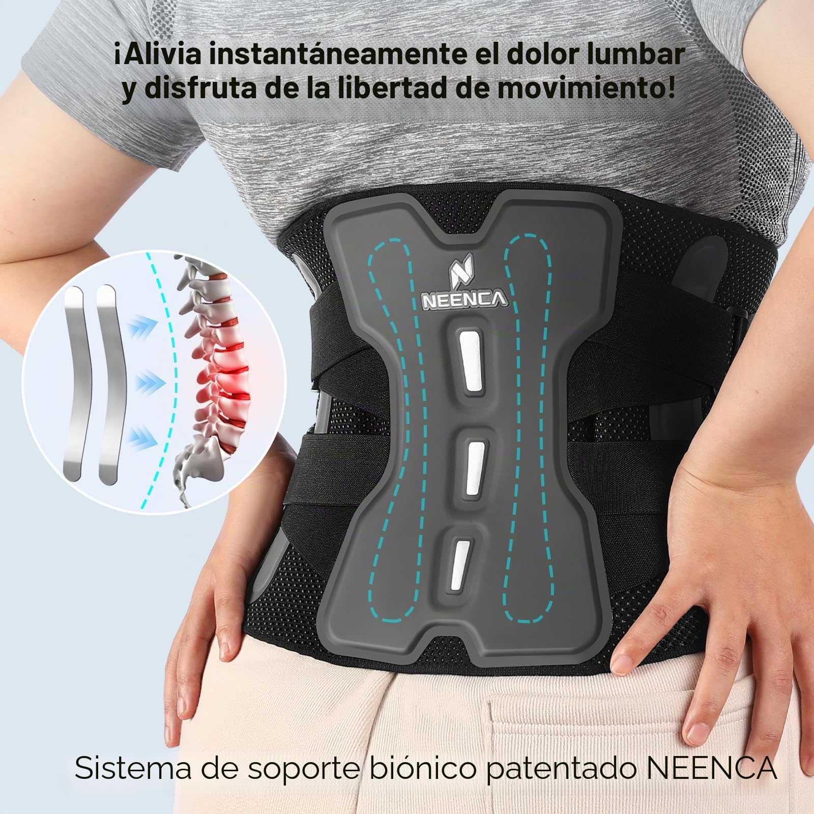 NEENCA Faja lumbar para aliviar el dolor lumbar con sistema de soporte biónico, cinturón de soporte lumbar ajustable para hombres y mujeres con almohadilla lumbar