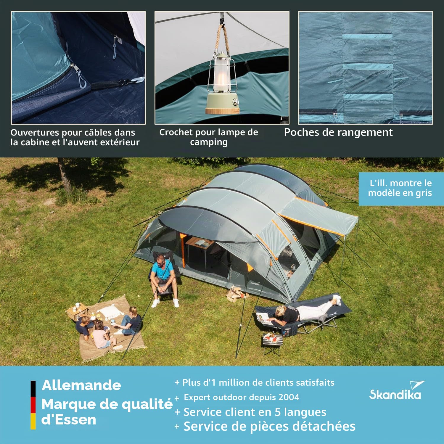 Skandika Tente Tunnel Egersund 5 XL Sleeper Protect | Tente de Camping familiale pour 5 Personnes, Sol de Cousu, Cabine de Couchage Noire, Hauteur 2 m, étanche, Anti-UV
