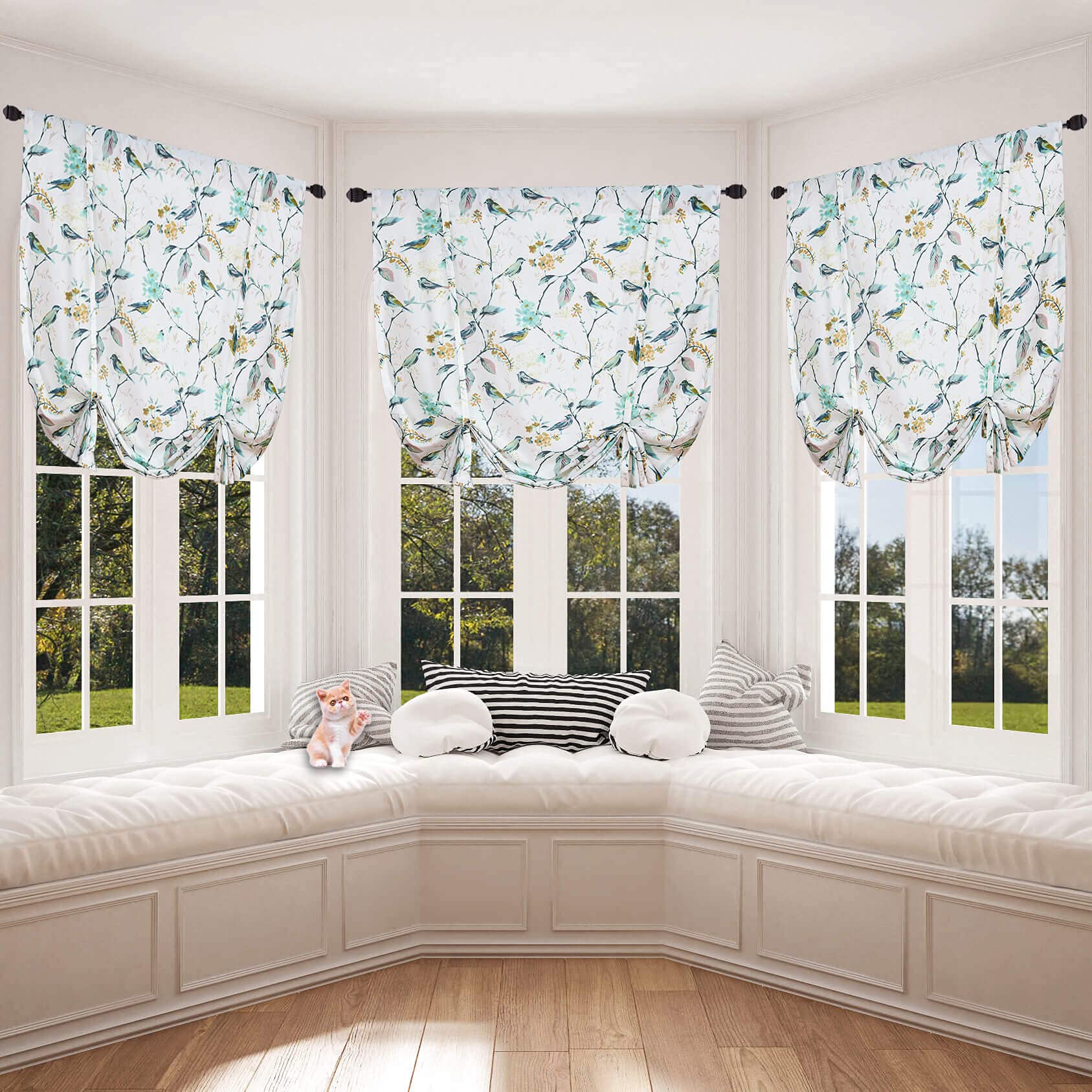 VOGOL Tie Up Shades for Kitchen, Birds and Floral Print Tie-Up Curtains for Kitchen Windows Adjustable Rod Pocket 63 Inch Length Adjustable Balloon Shades for Bathroom Small Cafe, One Piece