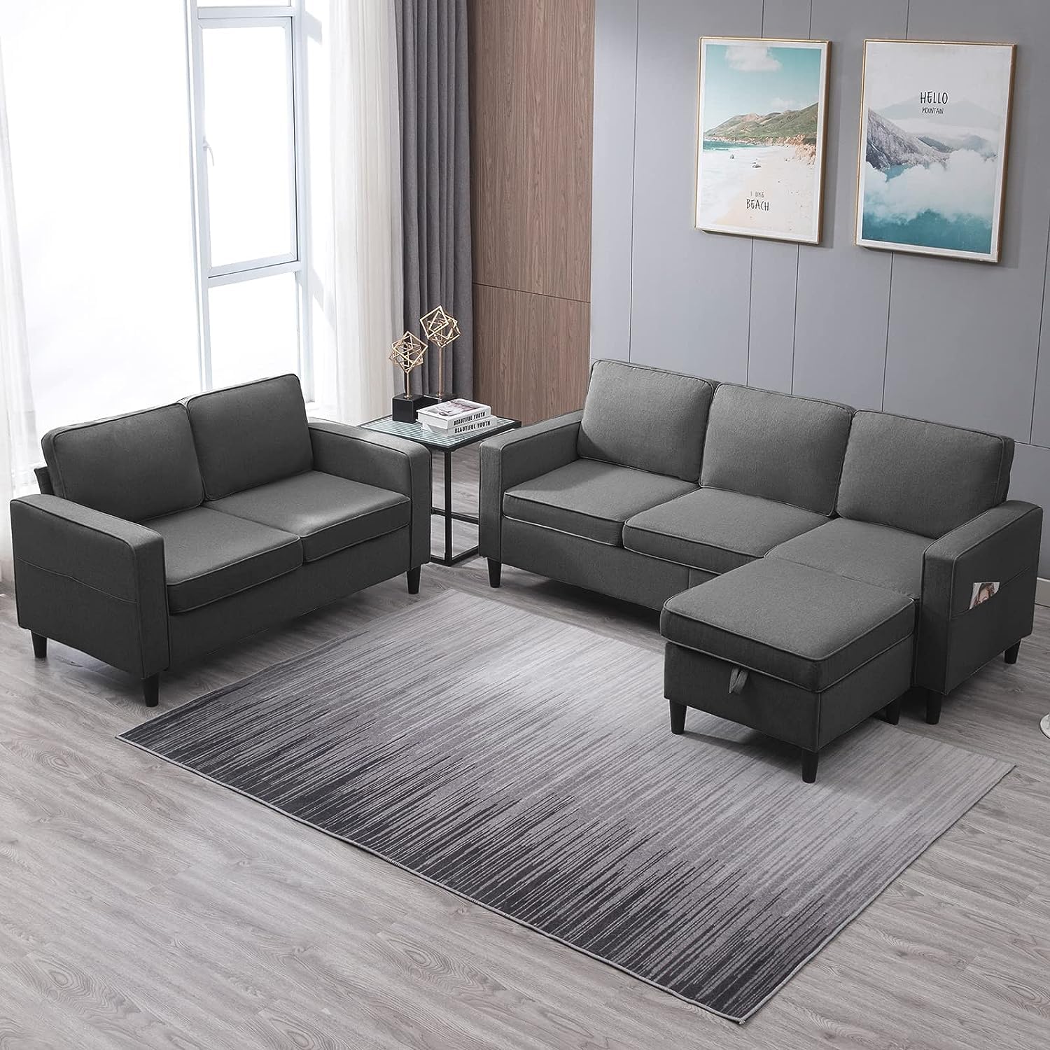 Caradel Dario Interchangeable 5 Seater Sofa Set with Ottoman Living Room Dark Grey | Fabric Sofa Set 5 Seater 1 Ottoman | Sectional 3+2 Set for Bedroom Hall