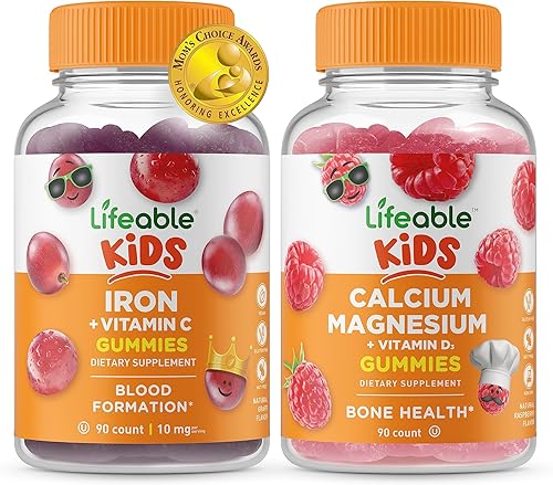 Lifeable Iron & Vitamin C Kids + Calcio Magnesio Kids - Paquete de gomitas de gran sabor, suplemento vitamínico, sin gluten, sin OMG, gomita