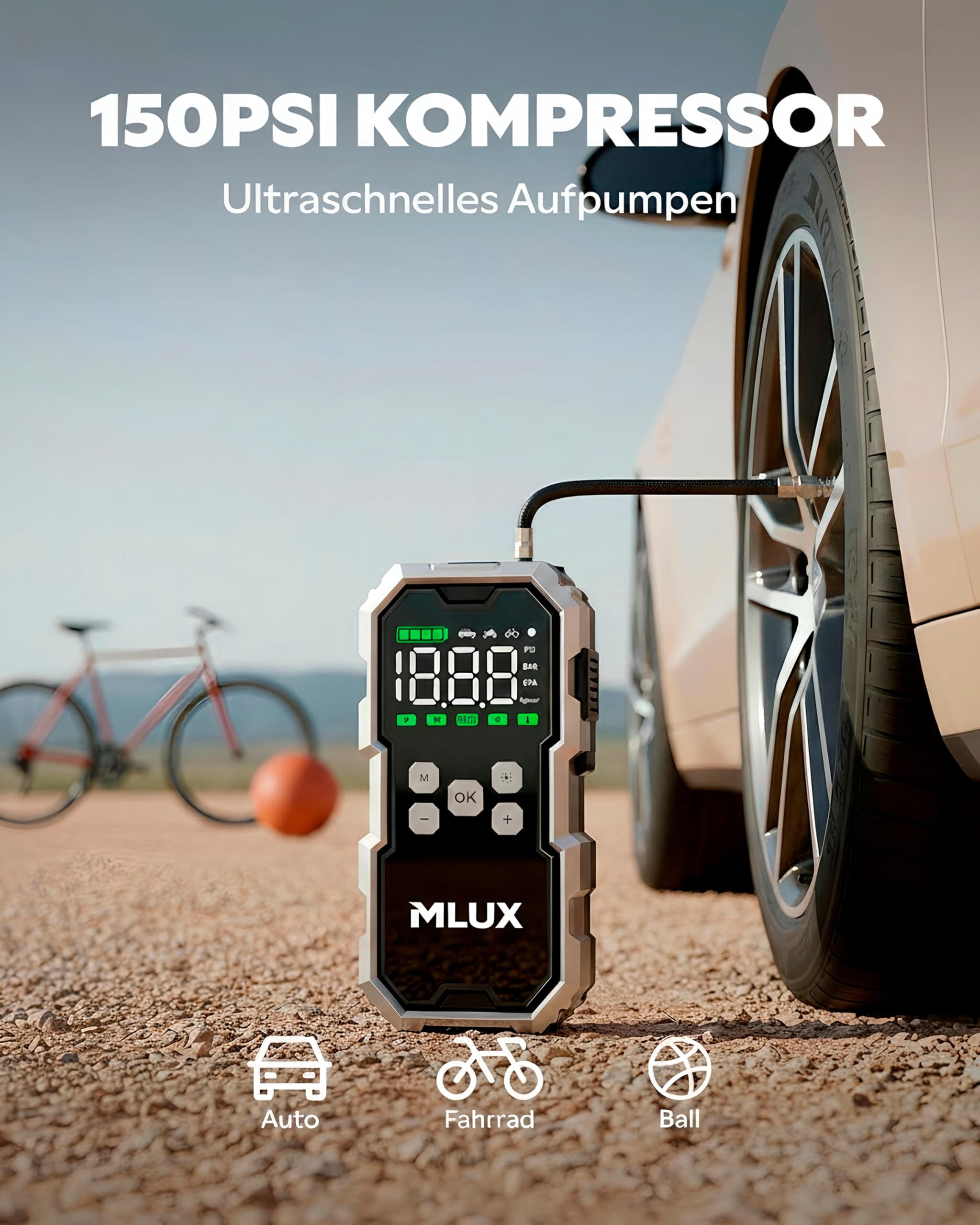 Starthilfe Powerbank für PKW 6000A, 26800mAh Auto Starthilfe Powerbank mit 150 PSI Kompressor, Batterie Booster & Jump Starter für Benzin & Diesel, LED Notfallgerät