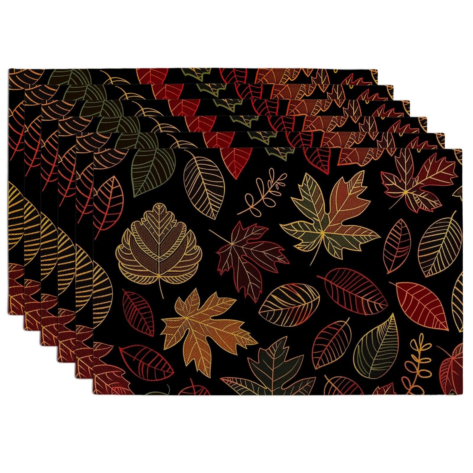 Autumn Leaves Placemats, Black Botanical Place mats for Dining Table, Non-Slip Washable Indoor Outdoor Party Decorative Placemat Set of 6