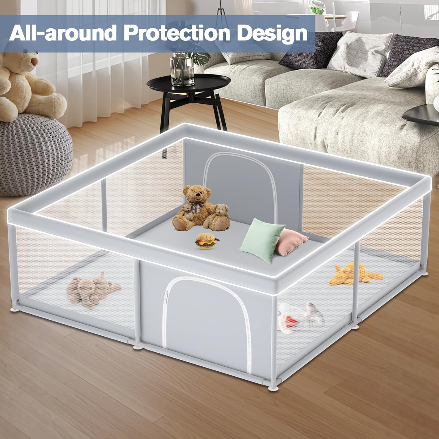 Size 79x79 Color Grey  Extra Large Baby Playpen 79×79 Inch, Playpen with 2 Zipper Door for Babies and Toddlers, Play Pen Pin Indoor Outdoor Baby Play Fence