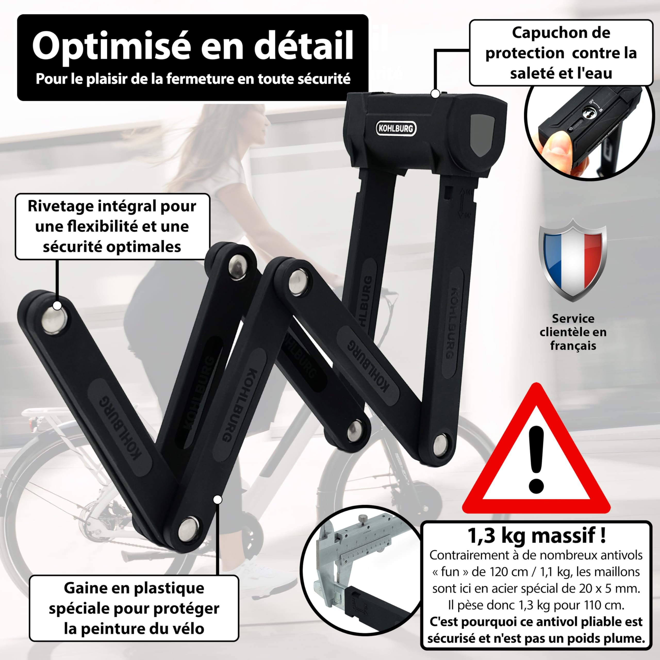KOHLBURG Antivol pliable vélo 110 cm, 3 clés – résistant aux coupe-boulons | Antivol vélo électrique & antivol de vélo, Antivol de vélo haute sécurité avec support trottinette électrique, Bike Lock