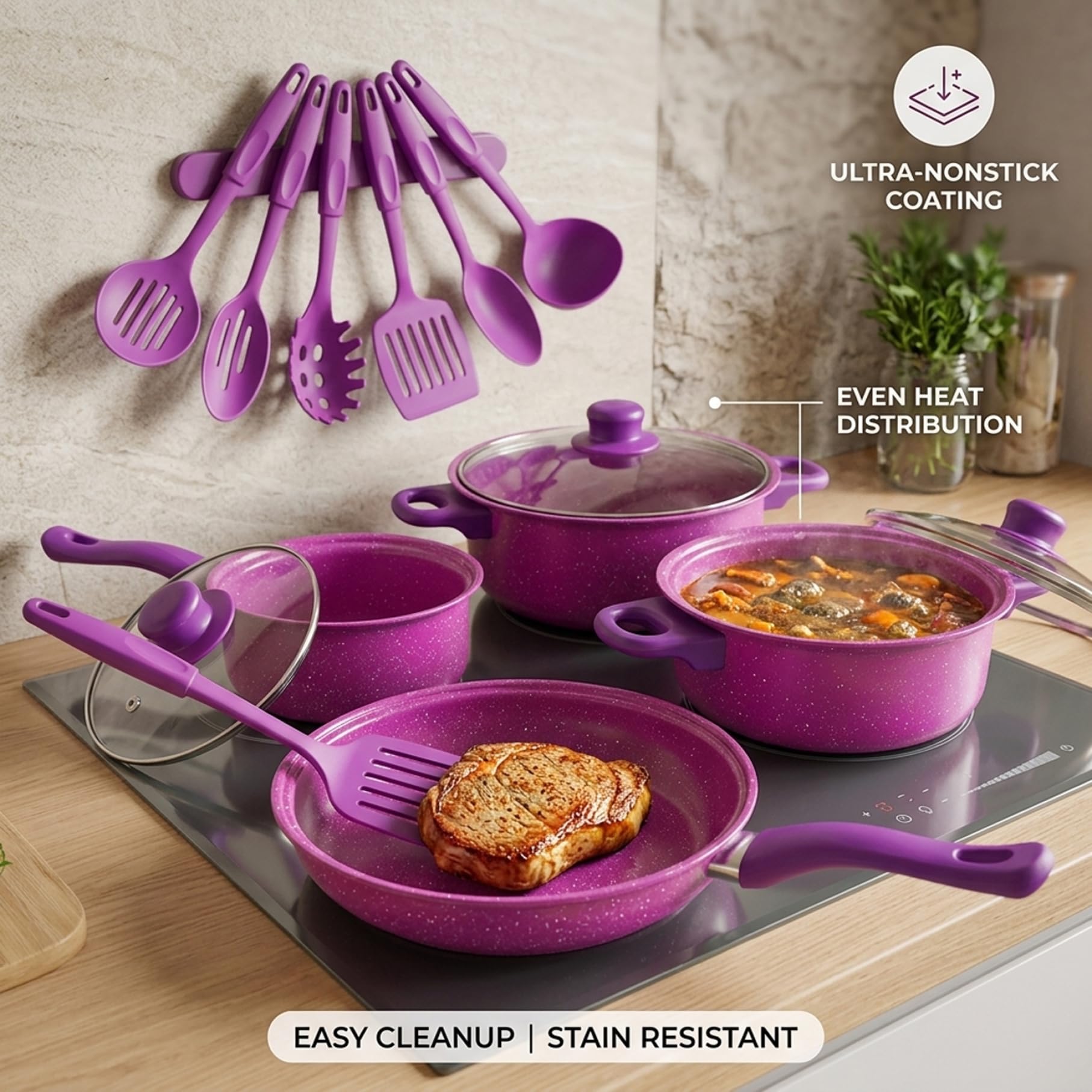 Set di Pentole Antiaderenti, Set di Pentole Antiaderenti da 13 Pezzi, E Padelle con Padella, Pentola per Il Latte E Utensili per La Cucina Casalinga, Viola