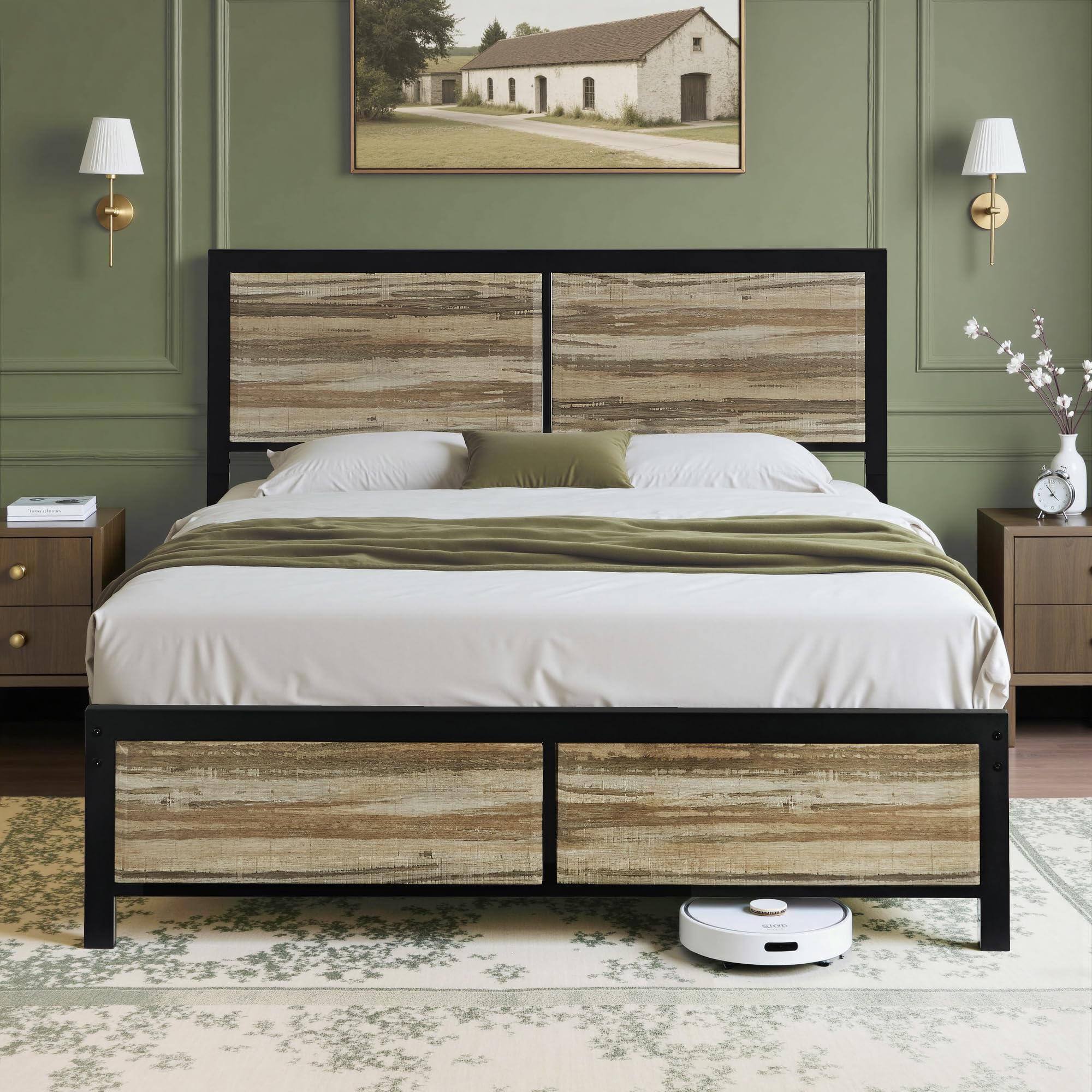 VECELO 4ft6 Double Bed Frame with Wooden Headboard & Footboard, Platform Mattress Foundation, No Box Spring Needed, Strong Metal Slats Support, Easy Assembly
