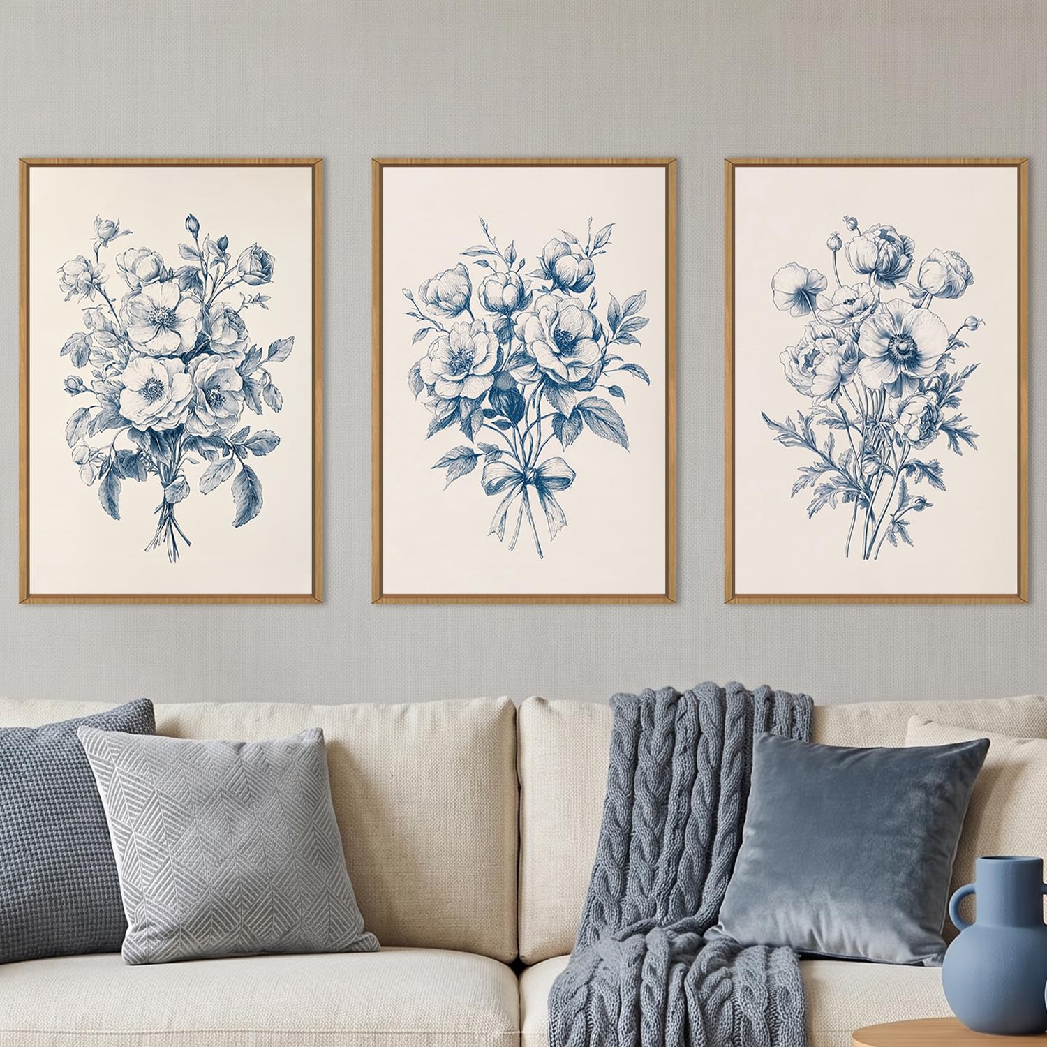 KAIRNE Navy Blue Floral Botanical Framed Canvas Wall Art Set-24"x36"x3