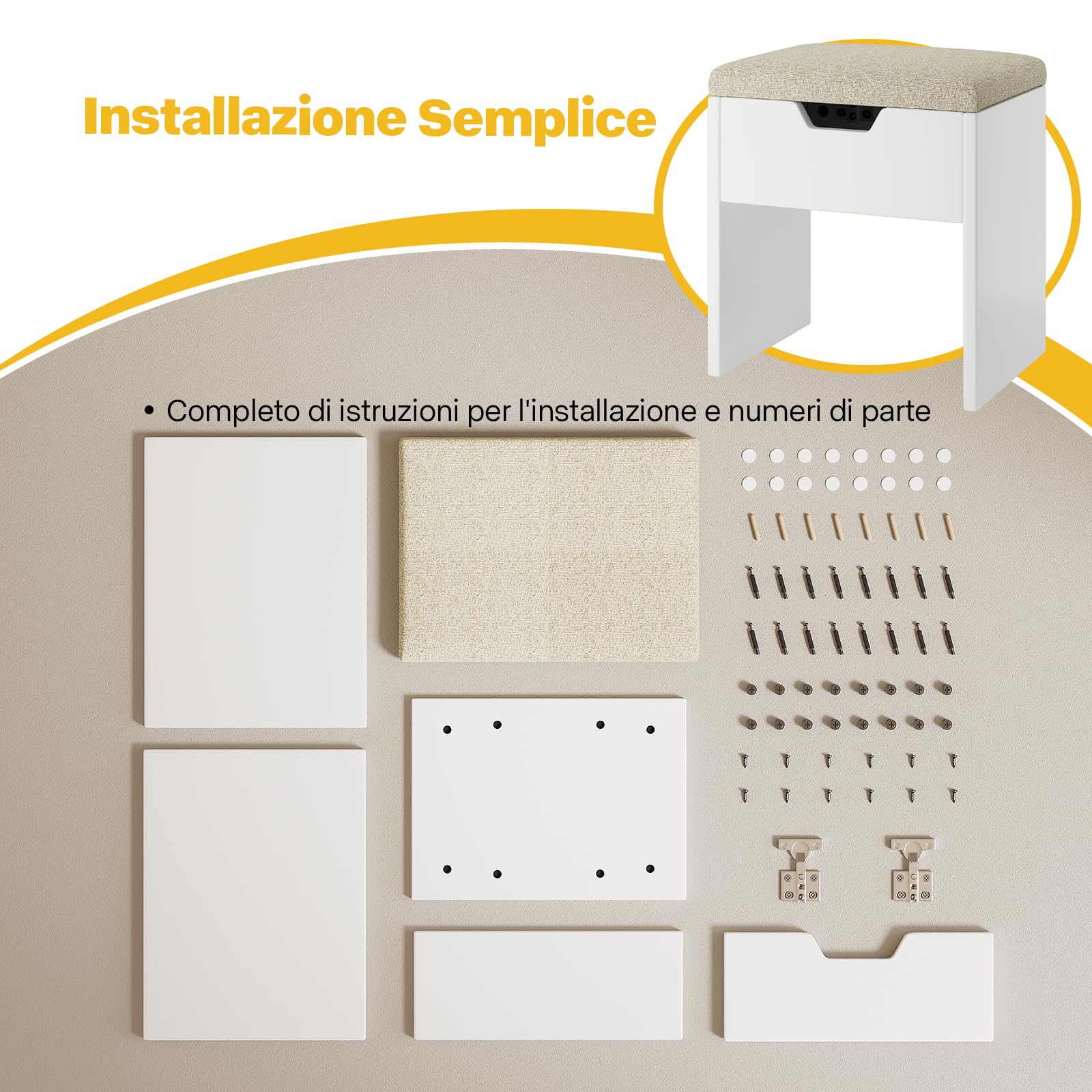 Devoko Sgabello Toeletta Trucco con Cuscino,Sgabello Per Trucco con Spazio Di Stoccaggio,Sedia da Make Up per Camera da Letto,Piedeappoggio,Bianco