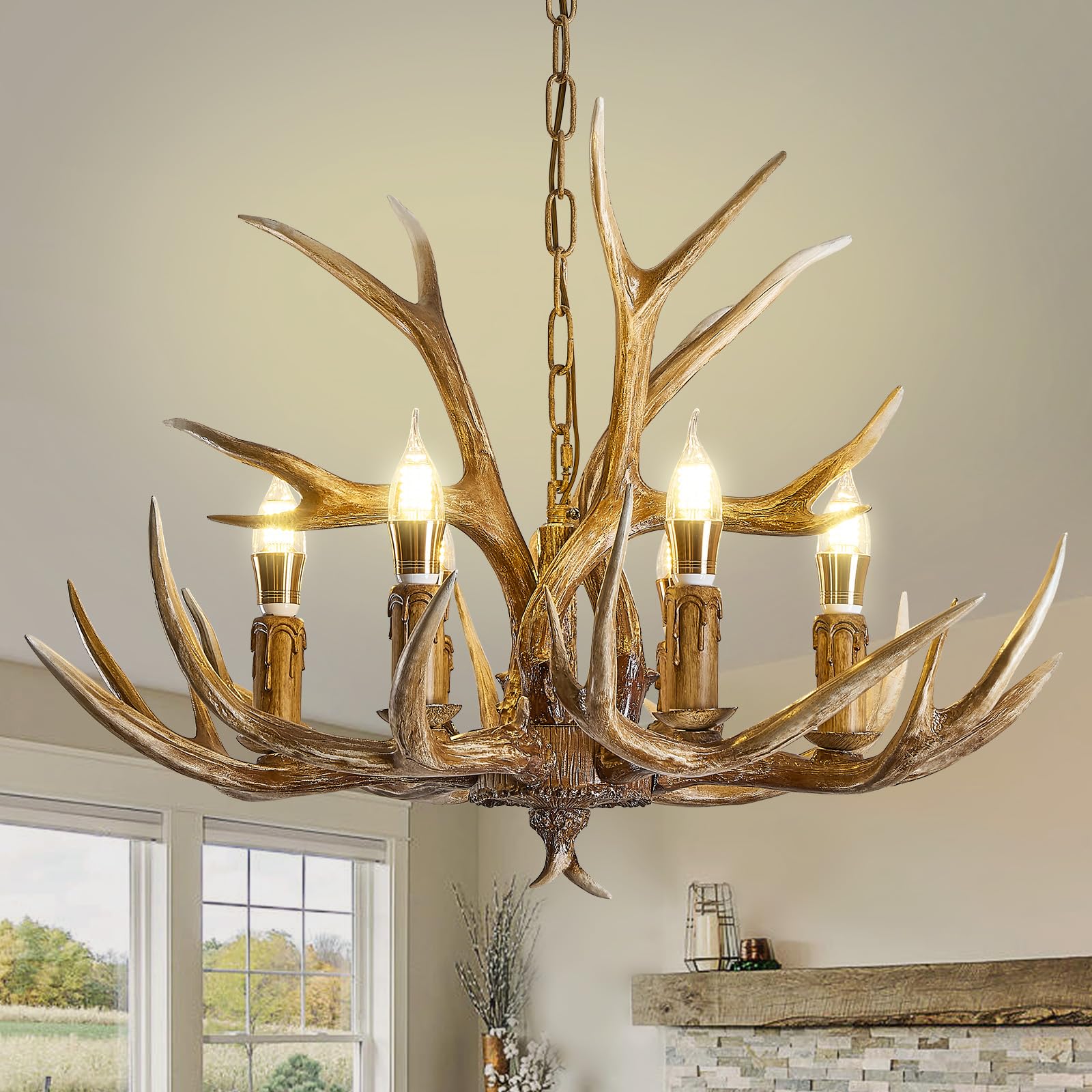 Photo 1 of LUJIAODS Antlers Chandelier, 6-Light Rustic Farmhouse Pendant Lamp